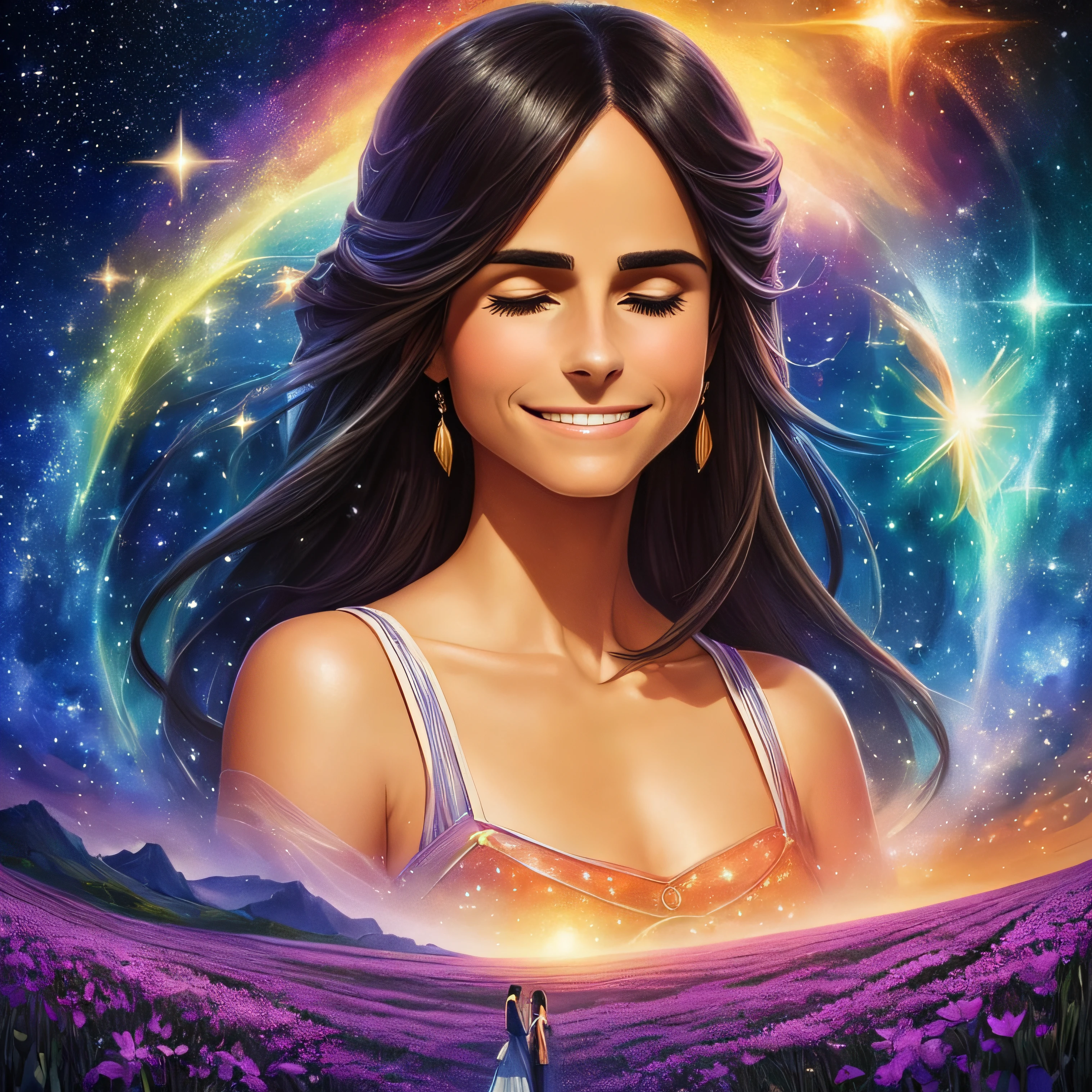 (((meio retrato))), (((there's Jordana Brewster who crouched with her eyes closed and smiling in a vast gorgeous field ))), (((estrelas cadentes sao visiveis no ceu))), (((it's at night))), Beautiful digital illustration, painting digital adorable, pintura realista da  bonito, retrato bonito da arte da fantasia, retrato bonito da fantasia, bela arte digital, stunning digital illustration, a beautiful artwork illustration, Digital painting nice, lindo pintura digital, retrato da arte da fantasia, bela arte digital, (((usando brincoss))), Galaxy is visisvel in CEU, cores vivas, cores vibrantes,