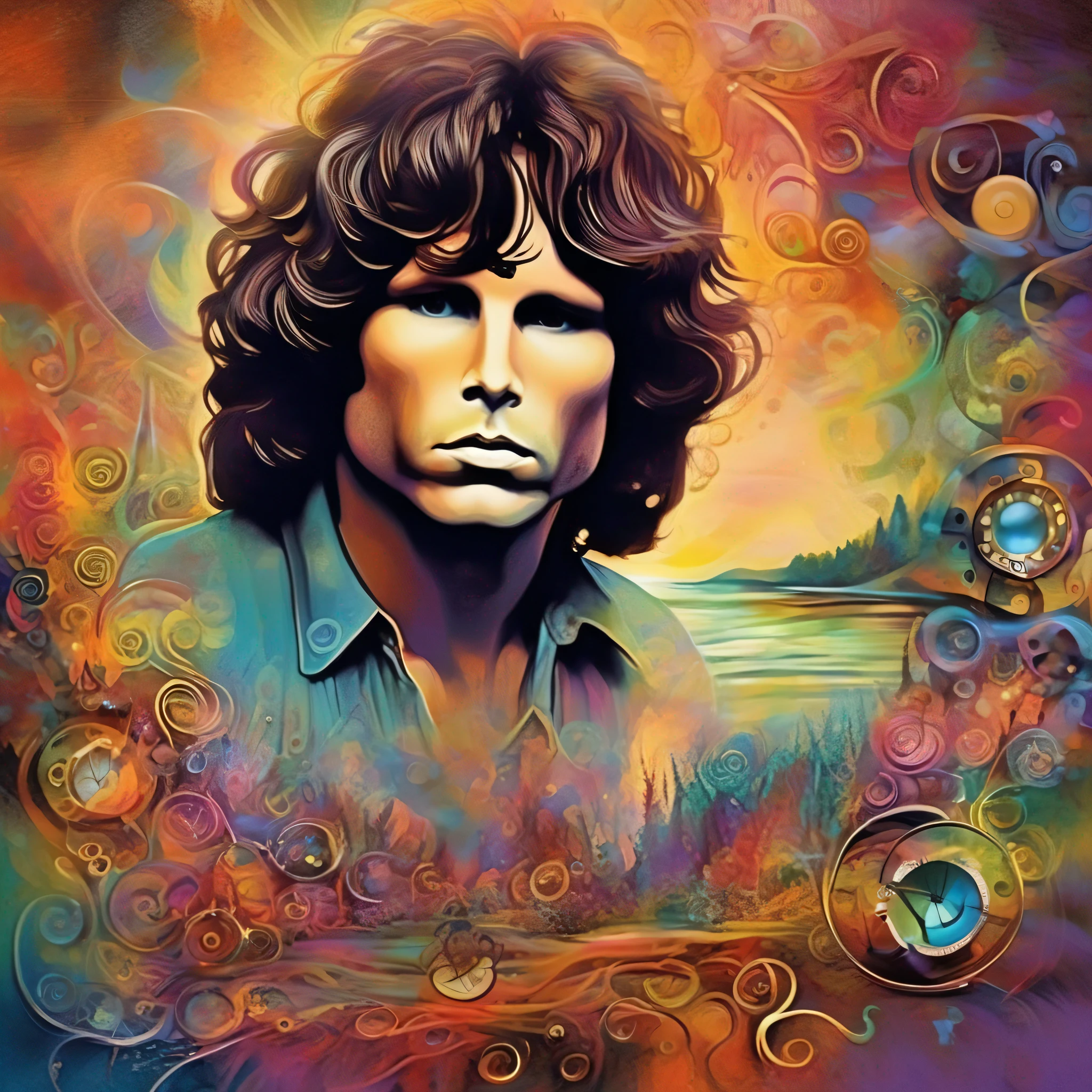 Create a surreal scene with the legendary lead singer of The Doors, Jim Morrison. Mix elements of the musical universe of the 60s with dreamlike and symbolic landscapes. Use rich colors and intriguing details to portray Jim Morrison's enigmatic aura and psychedelic atmosphere of the time.