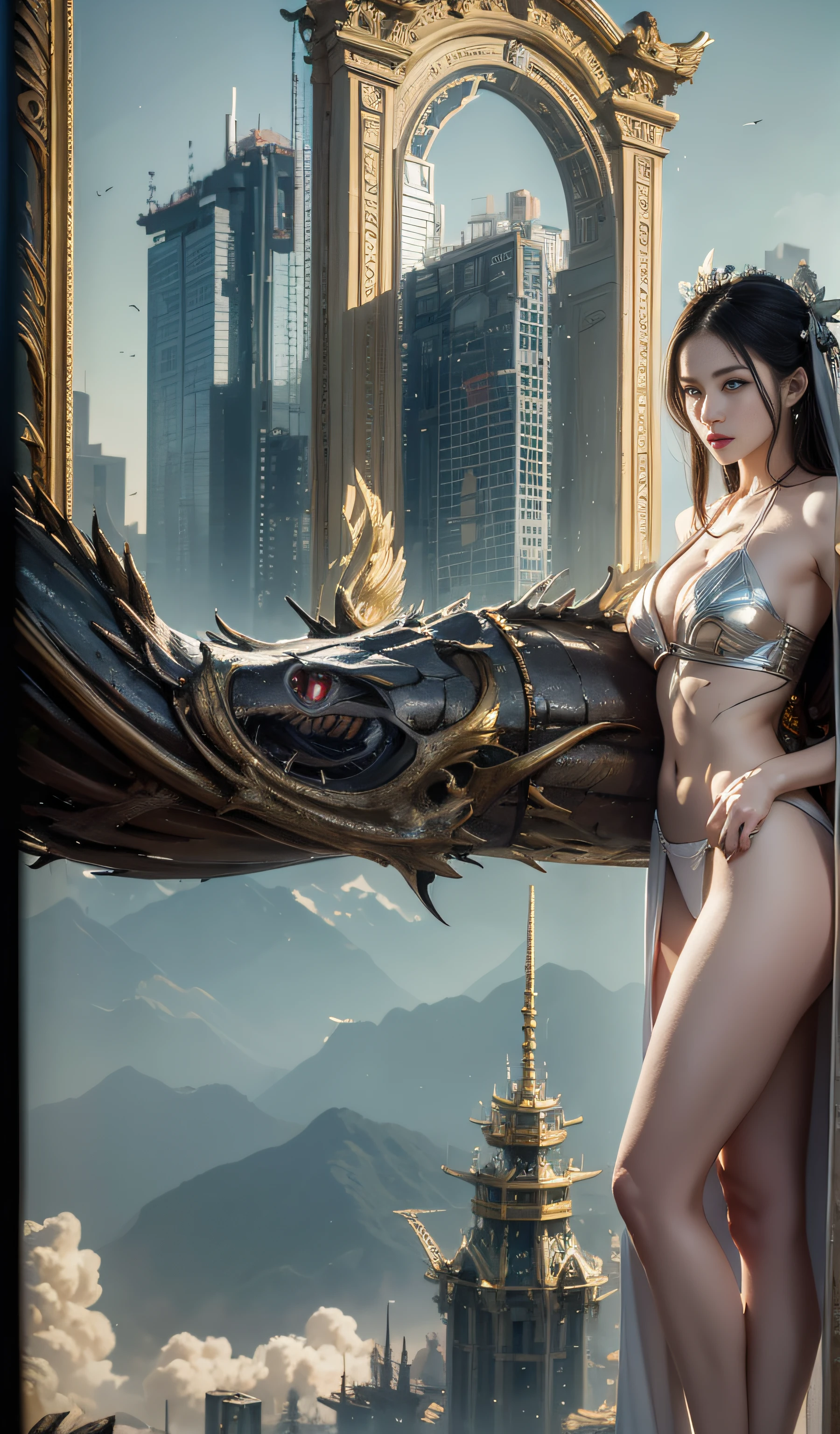 (Couple hugging) rough man Zeus muscles naked, majo, sexy, seios nus, decote, pernas nuas, transparente, standingn, Hanfu, molhado, ju, realista, mais alto detalhe, mythology This is a CG Unity 8k wallpaper with ultra-detailed, high-resolution and top quality in cyberpunk style, dominado por preto e vermelho. Na imagem, A messy white woman, de cabelos curtos, rosto delicado, usando uma mecha a vapor, standing on the ruins, behind a ruin, A woman holding a heavy sniper rifle.