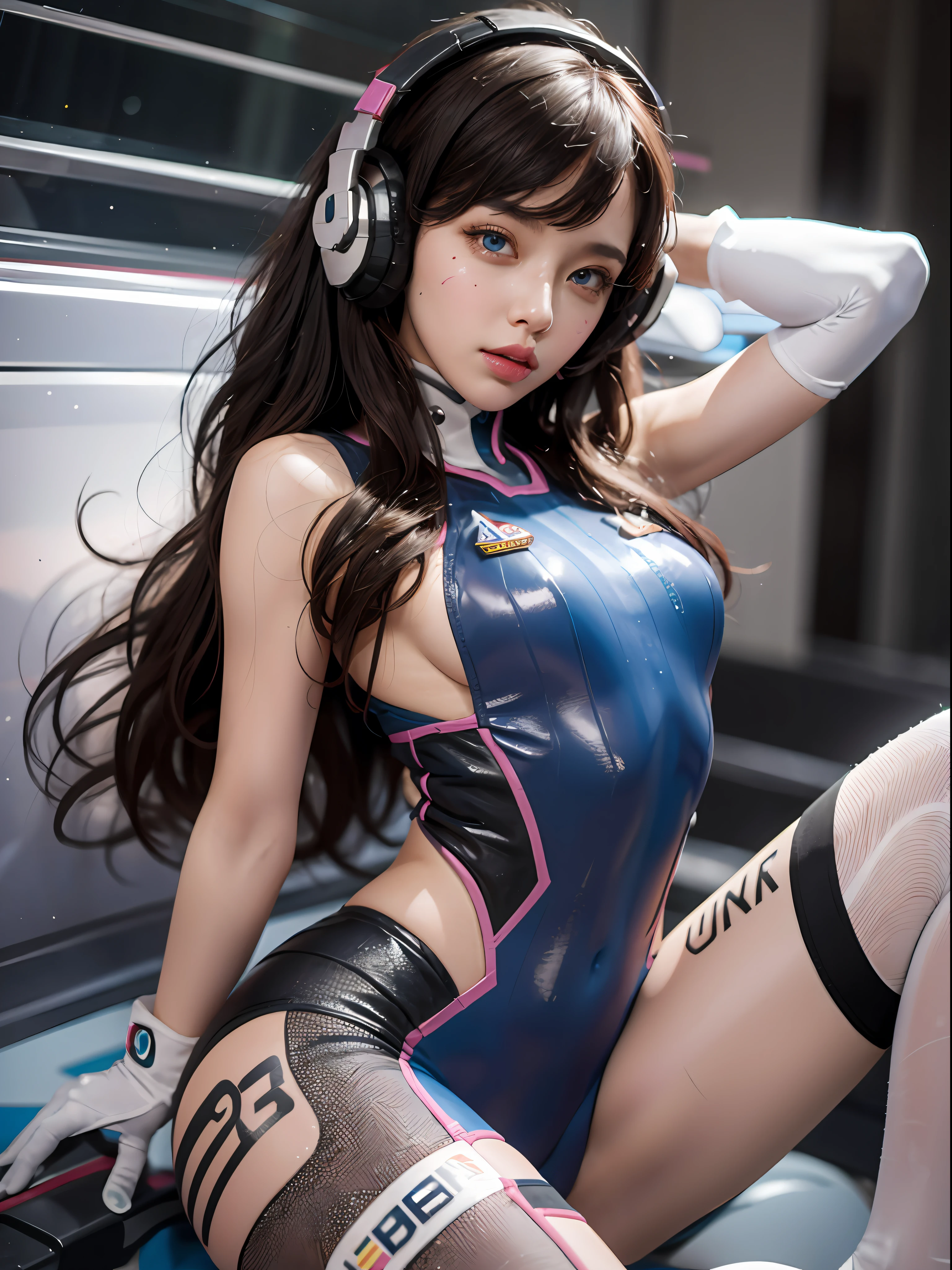 1girl, d.va (overwatch), solo, long hair, whisker markings, bodysuit, brown hair, facial mark, gloves, breasts, brown eyes, pilot suit, cowboy shot, headphones, white gloves, medium breasts, swept bangs, skin tight, animal print, bangs, bunny print, ribbed bodysuit, facepaint, pink lips, sit on the floor, wet skin, spread legs, hot ass, erotic face, (ultra detailed), (8k, intricate), (85mm), light particles, lighting, breast focus, full body, (highly detailed:1.2), (detailed face:0,8), (gradients), sfw, colorful, (detailed eyes:1.5), (detailed background), (dynamic angle:1.2), (dynamic pose:1.2), (rule of third_composition:1.3), (Line of action:1.2), daylight, solo.