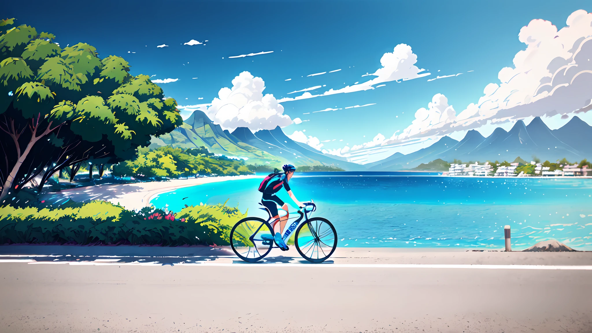 (bicycle:1.5), (Realistic bike: 1.5), (realistic cyclist: 1.5), cycliste de dos, tahiti, plage, papeete, mer, sable, soleil, Landscaped background, ombres, contraste, makoto shinkai (beste-Qualit:1.3), (Highres:1) Art par Studio Ghibli Style, Impressionnisme, Couleurs vibrantes