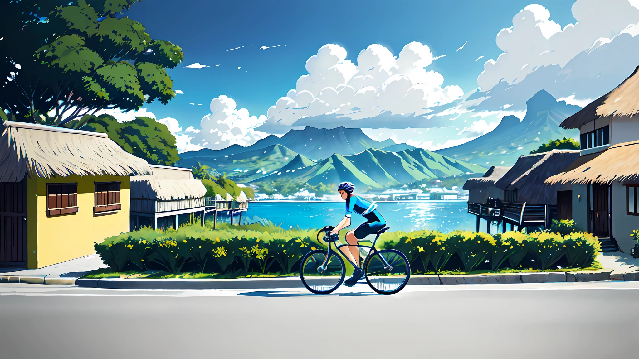 (bicycle:1.5), (Realistic bike: 1.5), (realistic cyclist: 1.5), cycliste de dos, tahiti, plage, papeete, mer, sable, soleil, Landscaped background, ombres, contraste, makoto shinkai (beste-Qualit:1.3), (Highres:1) Art par Studio Ghibli Style, Impressionnisme, Couleurs vibrantes