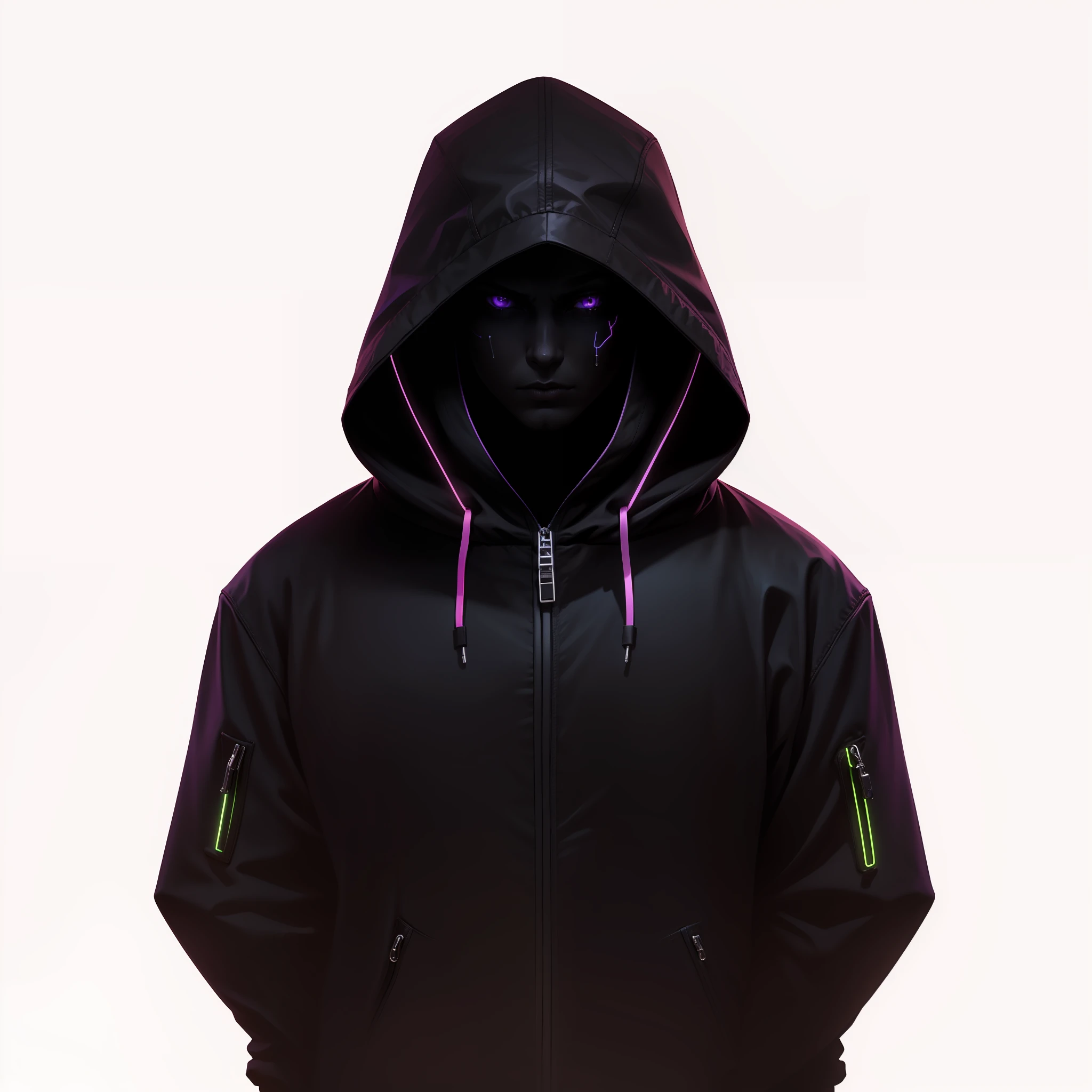 male character, hooded, cyberpunk style, and eyes neon, Black with purple neon.