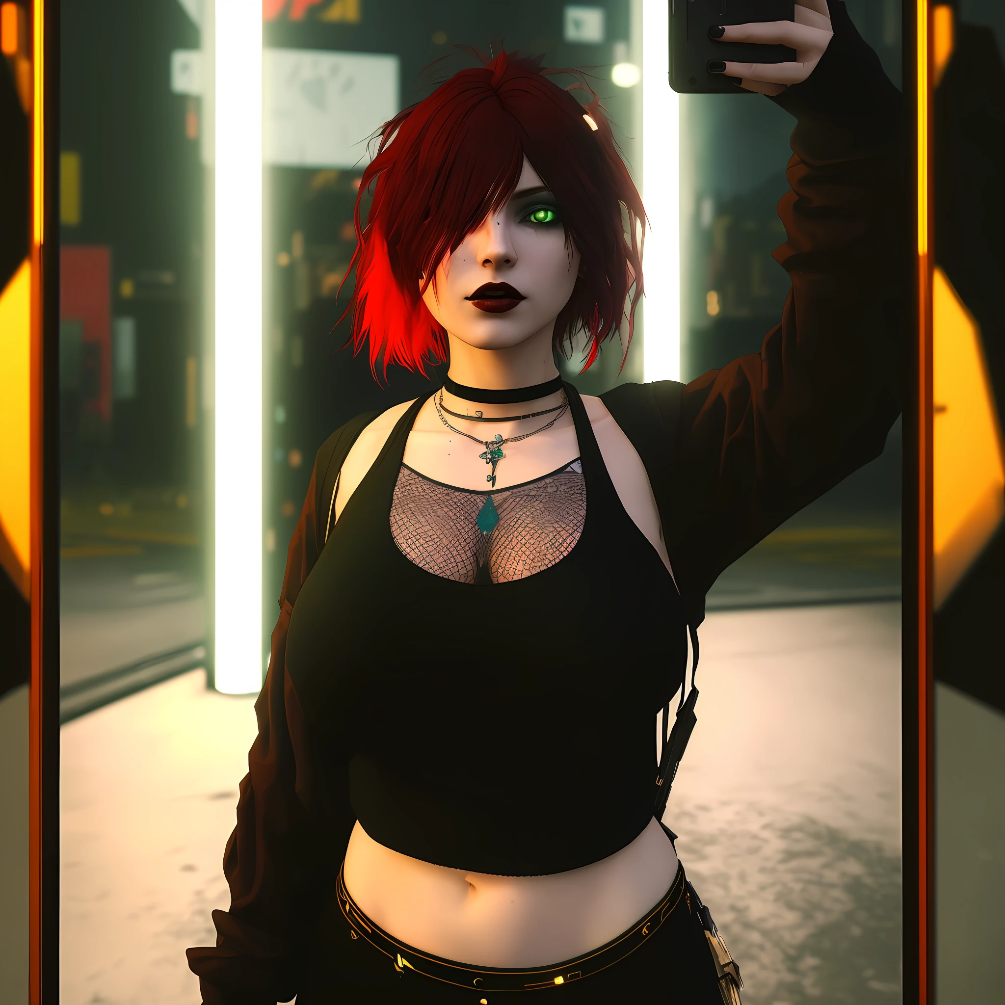 There's a woman with red hair taking a selfie, mall goth, vibe cyberpunk, in a cyberpunk setting, estilo cyberpunk hiper-realista, em cyberpunk city, roupa cyberpunk, em uma cidade cyberpunk, olhar cyberpunk, menina cyberpunk sonhadora, roupa estilo cyberpunk, Cyberpunk 2 0 e. o modelo menina, cyberpunk vibes, na empresa cyberpunk city, em cyber punk 2077