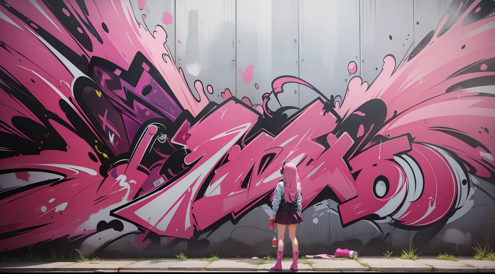 Kizi，（The background is a wall，A chicken is painted on the wall），Back alley，paint splatter，Graffiti artist spray painted wall，（A pink-haired，long whitr hair），Pink eyes，with headphones on，gigantic cleavage breasts，pink jacket，Short pink skirt，Pink boots，（sat on the ground，Against the wall），There are a lot of paint cans on the ground