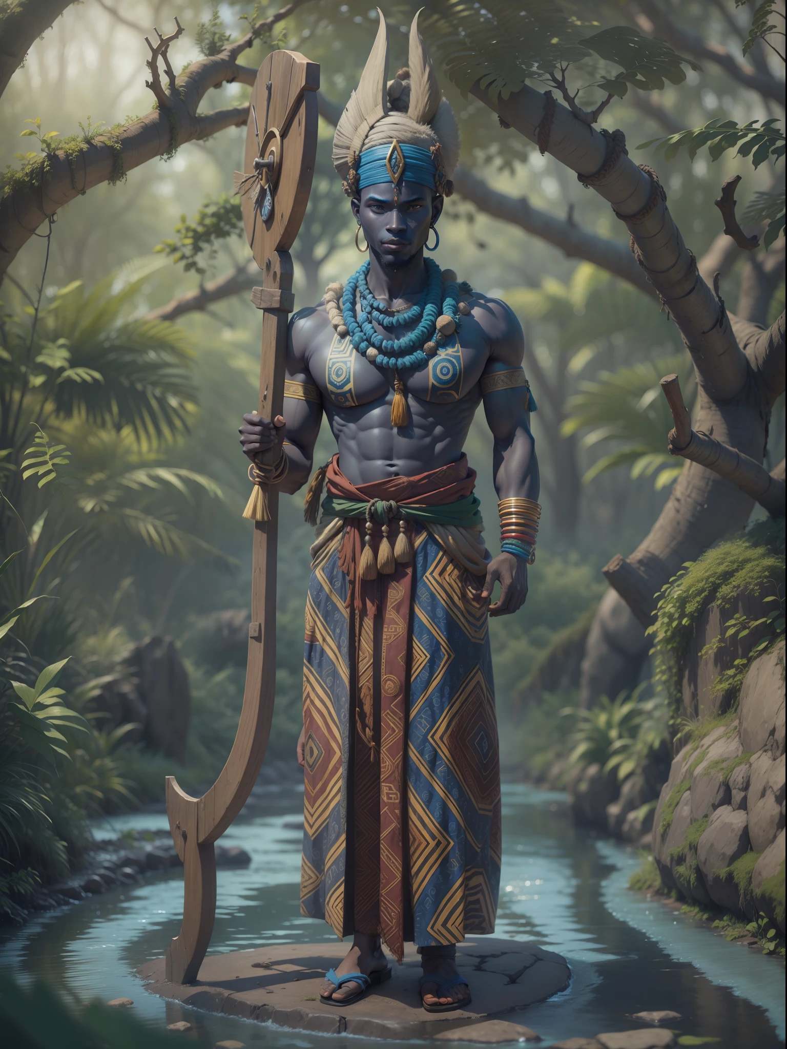 Yoruba African God, Ogum, hunterxhunter, 3d, 8k, rosto deslumbrante, 35 anos, Roupa africana azul, arco e flecha, rustic nature in the background