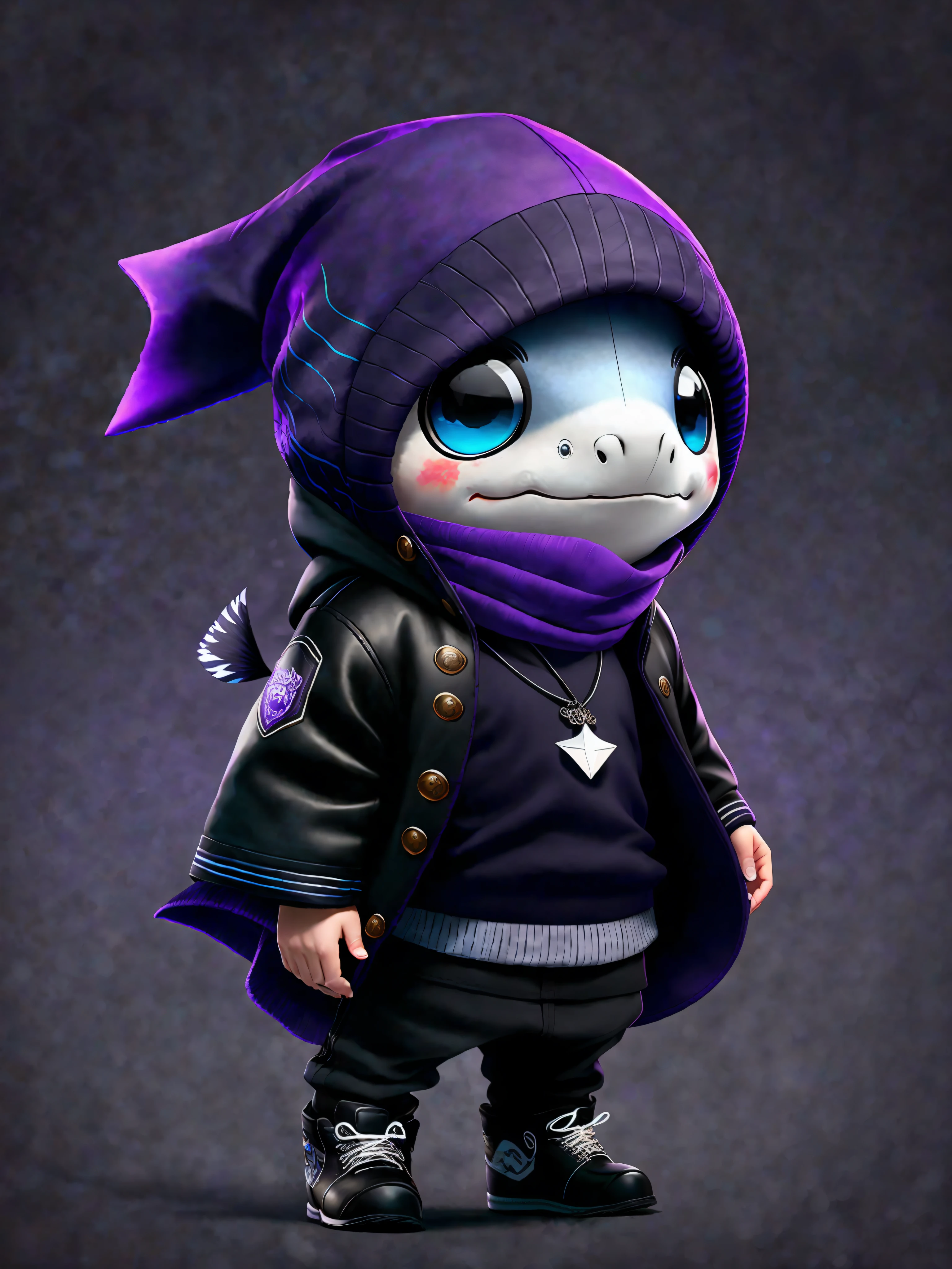 image of a small shark, mascot, with purple hat and black scarf, blue eyes, art station trend, dressed in all black clothes, hyper realistic detailed rendering, urban style, intimidating pose but sweet face, planet of sharks, fashionable clothes, urban samurai, black clothes, black clothes, purple beanie8 1 5