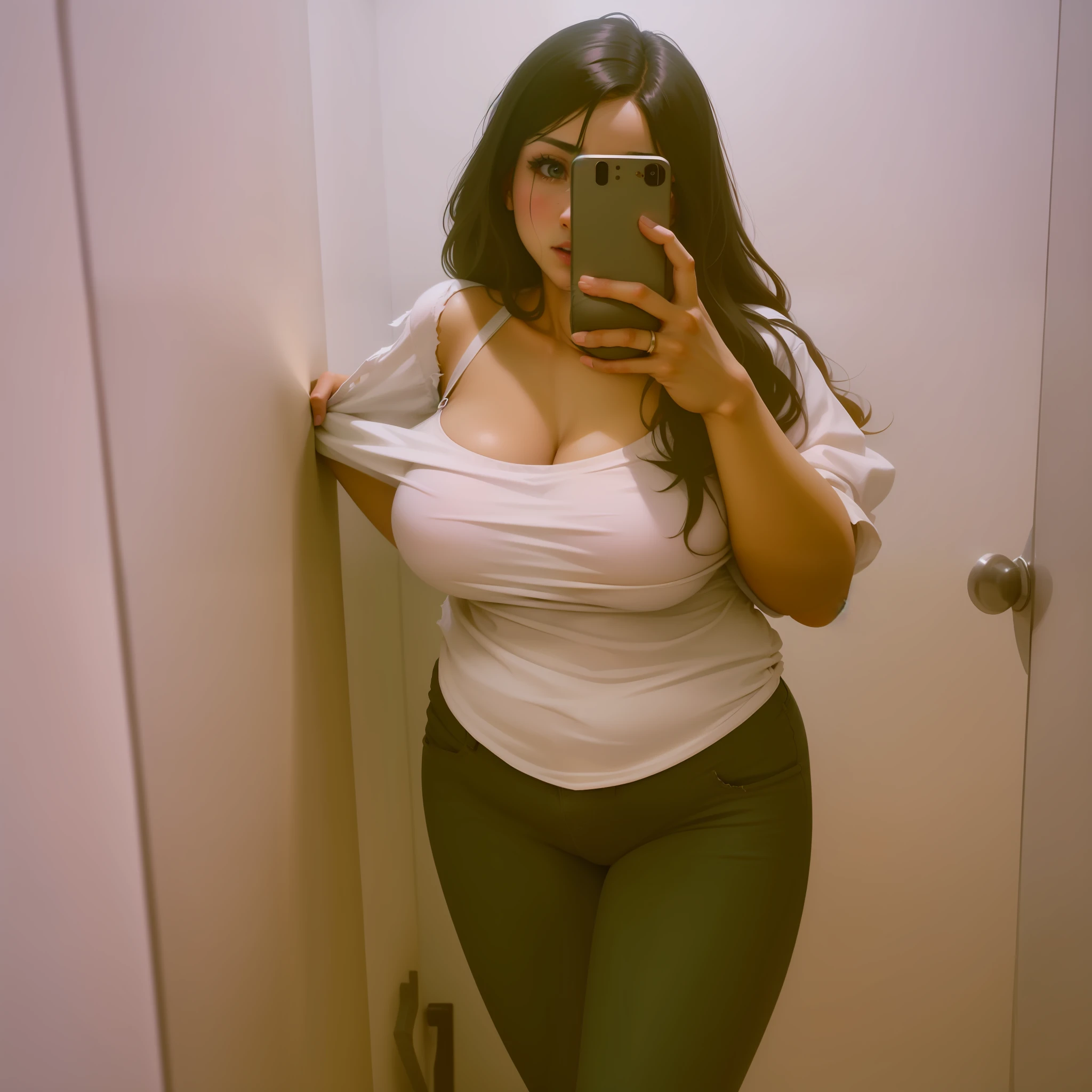 Tight cloths, torn pants, panties visible, big boobs, bra, torn top