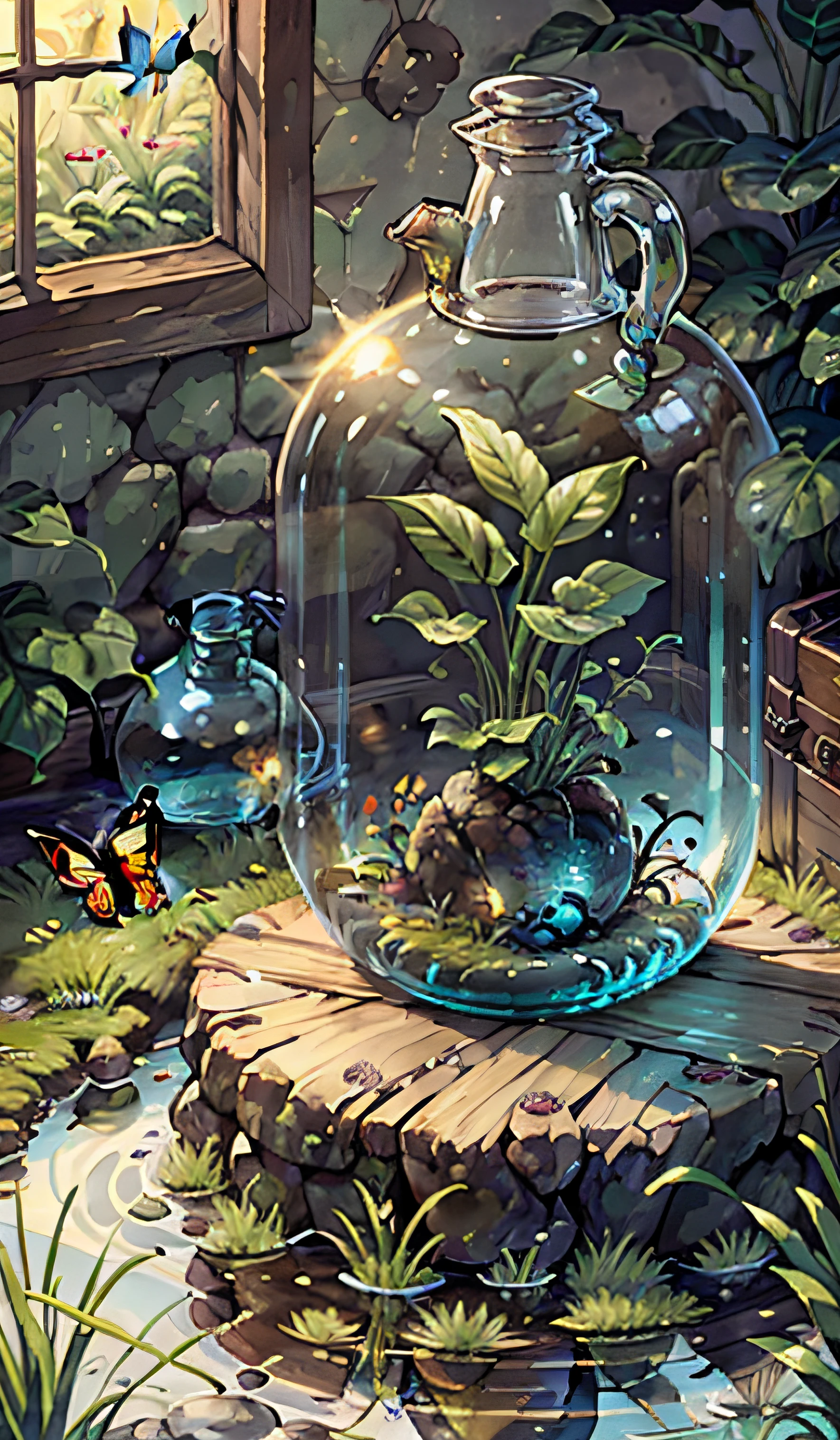 (Masterpiece, Best Quality: 1.2), (Super Detail), (Illustration), Wallpaper, Original, Round Bottom Flask, Grass, Vine, Water, Butterfly, Nature, Shining, Surrounded by Light, Terrarium, RPG Style, Cartoon, Fantasy, Mobile Game, (Shining)