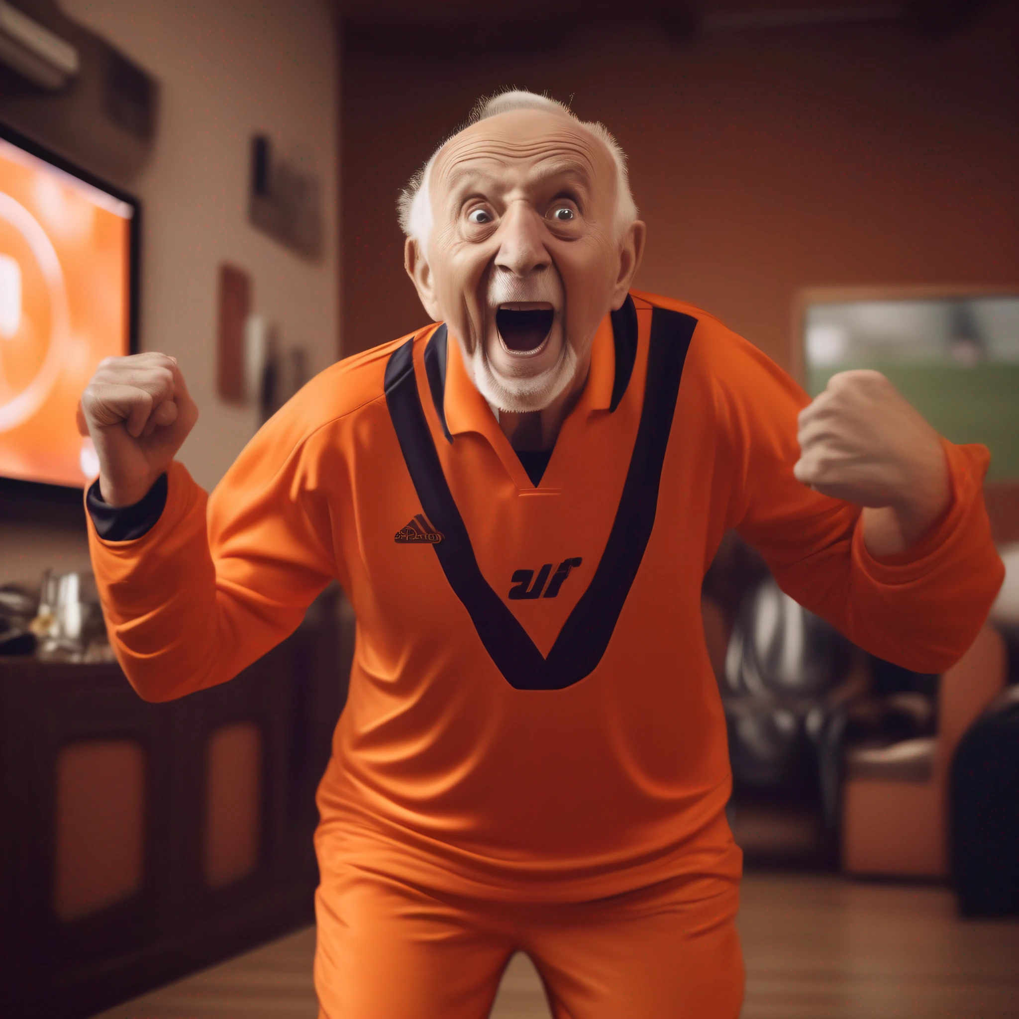 Elderly man, dressed in an orange soccer outfit, bulbous pants, large screen tv in background, eager and excited for the match to start.
