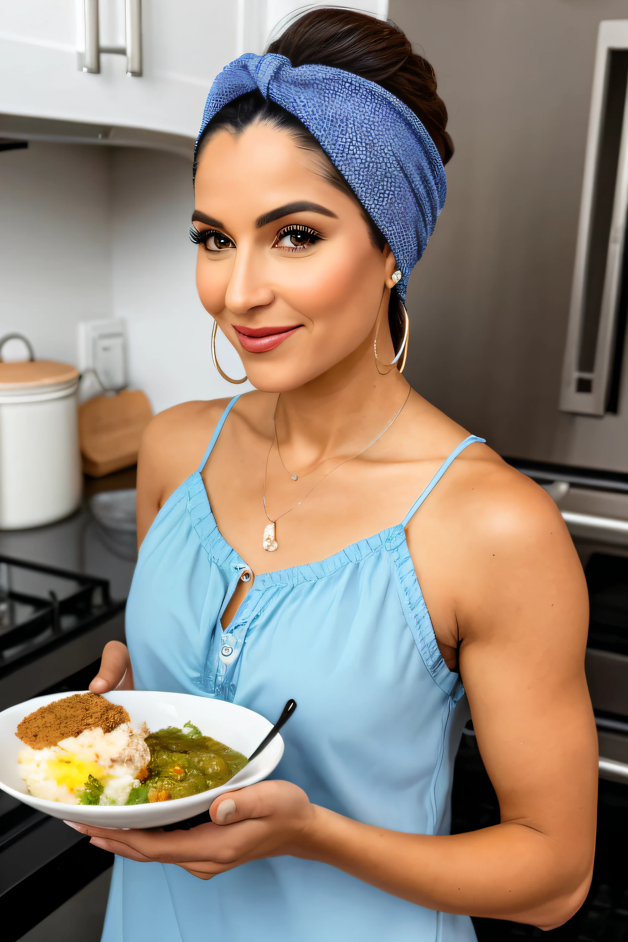 A charming woman with a passion for healthy cooking.
Idade: Entre 30 a 40 anos.
allure:
Cabelos castanhos claros, levemente ondulados, with a healthy glow.
Pele morena, com um tom naturalmente radiante.
Olhos esverdeados que refletem a calma e a serenidade.
Sorriso gentil e acolhedor, conveying sympathy and trust.
Brincos discretos que complementam seu estilo.
Wears a headscarf with a discreet print, bringing a touch of elegance and practicality while cooking.
Vestimenta:
Blusa com gola mediana, combinando estilo e conforto.
middlebreasts, sem exageros, to ensure the focus is on nutritional tips and healthy recipes, not in physical appearance.
Postura:
Holding a kitchen utensil in one hand, demonstrating your passion and skill in cooking.
Always with an inviting and friendly posture, demonstrando sua vontade de compartilhar conhecimento e ajudar seus seguidores.