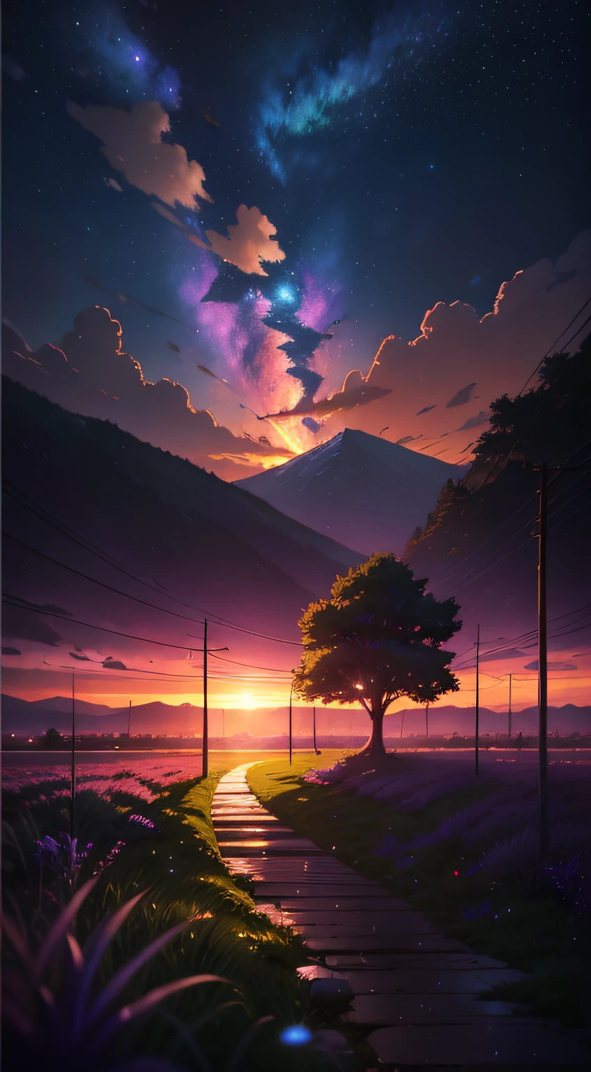 Bright picture, full of light, (((Makoto Shinkai style)), pixiv, anime painting, high quality, pink and violet sky, beautiful scene), (universe, train passing by, magical realism, ((makoto shinkai style)) ::0.8), [artistic atmosphere, atmosphere:0.8, starry sky, hills, snowy mountains, sparkling water, grass, trees, smoke, stars, low viewing angle, high light scattering
