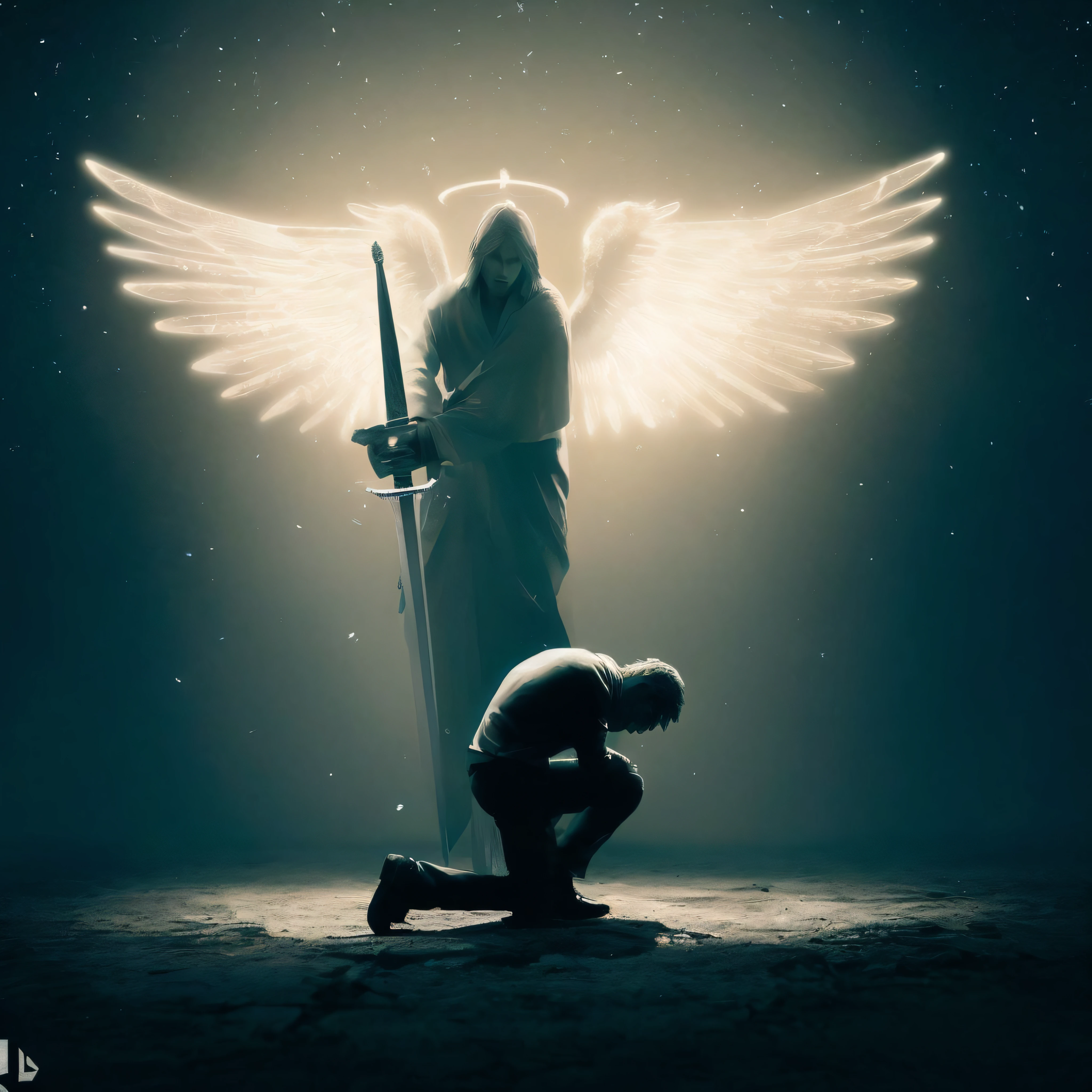 There is a kneeling man with a sword and angel wings, angel protecting man, angel protecting woman, Angel observing demon, Angels protecting a praying man, the angel of death, angel, fallen angel, angelicalal, Angel of Death, angelical, biblical accurate angel, A Quiet Angel, The Angel of Death with a halo, Angels and demons, angels