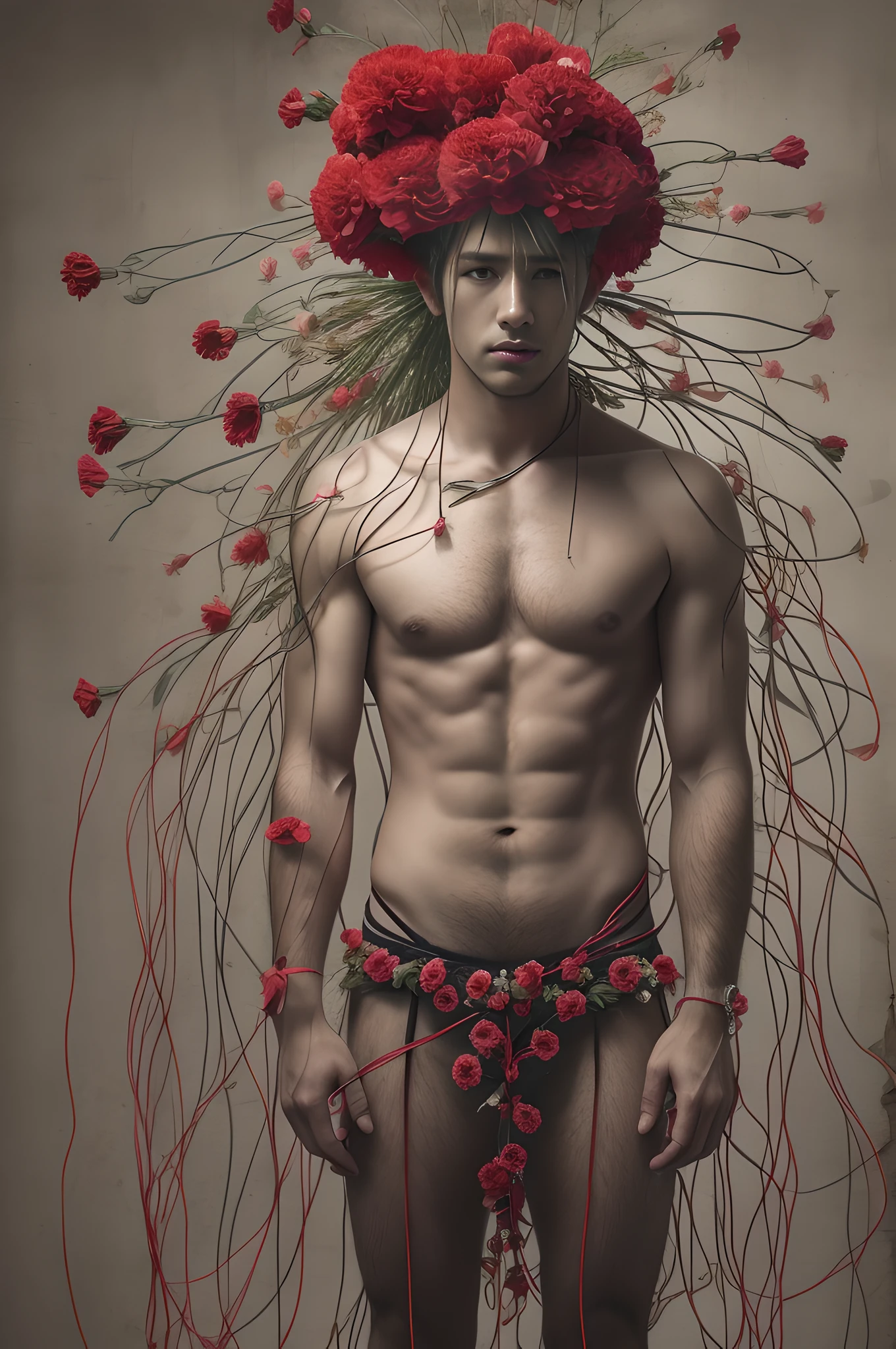 ((vintage gray dirty backdrop)), young beautiful male, ignant, (((full body view))), young smooth man, g-string, singularity, a surrealist photo, looking across the shoulder, uncentred, leaked, with a bunch of needles sticking out of his head, with many mirrors, side view, with a flower in his hand, red flesh strings, detailed conceptual photography, with wires and band, head made of carnations flower, body made out of flowers, pulling strings, with a bunch of carnations covering out of his genitals, wearing loincloth, wires, (from head to toe)