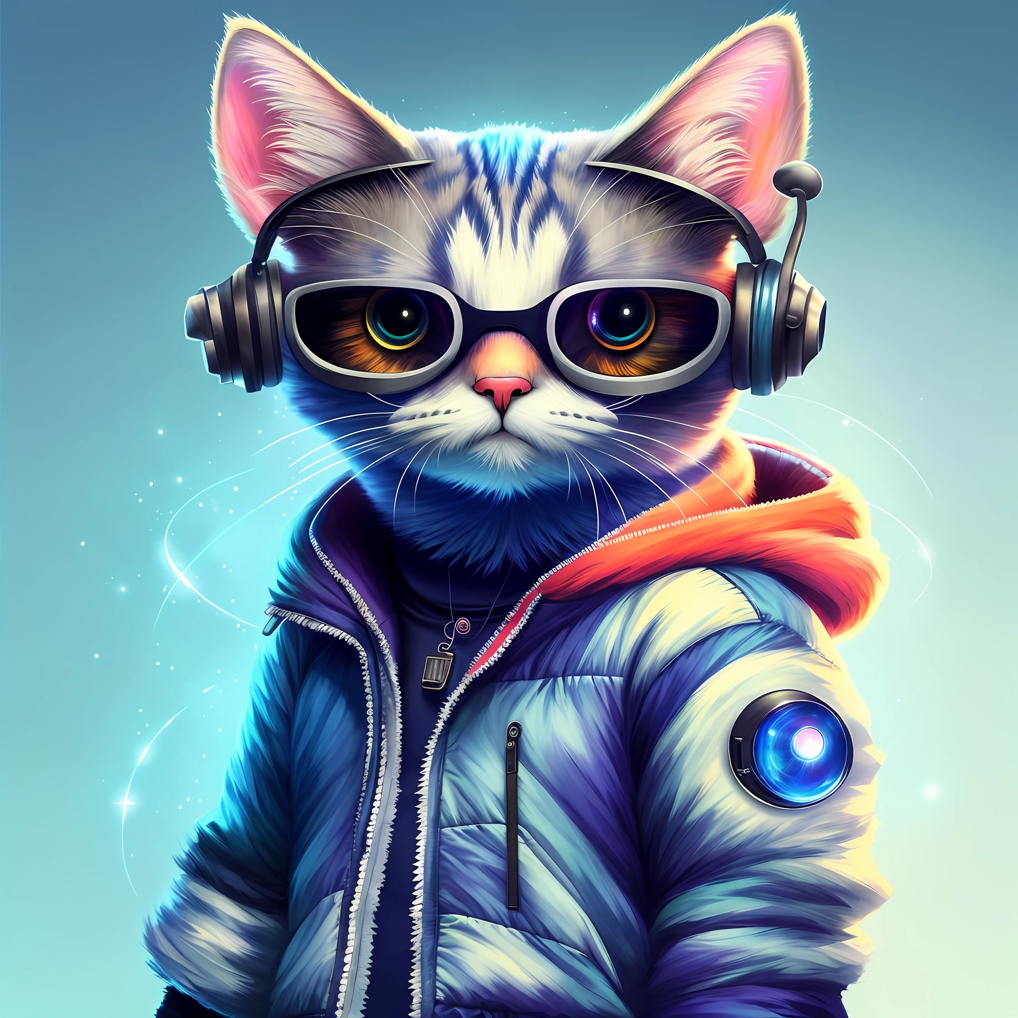 um close up de um gato usando fones de ouvido e uma jaqueta, gato cyberpunk, Arte peluda, Beeple e Jeremias Ketner, Artista peludo, retrato de alta qualidade, design do gato, Arte digital alucinante, arte digital detalhada bonito, bela arte digital, painting digital adorable, Cybercat, arte de fantasia peluda, Gatopomorphic Antrum, Antro Gato, Arte digital alucinante