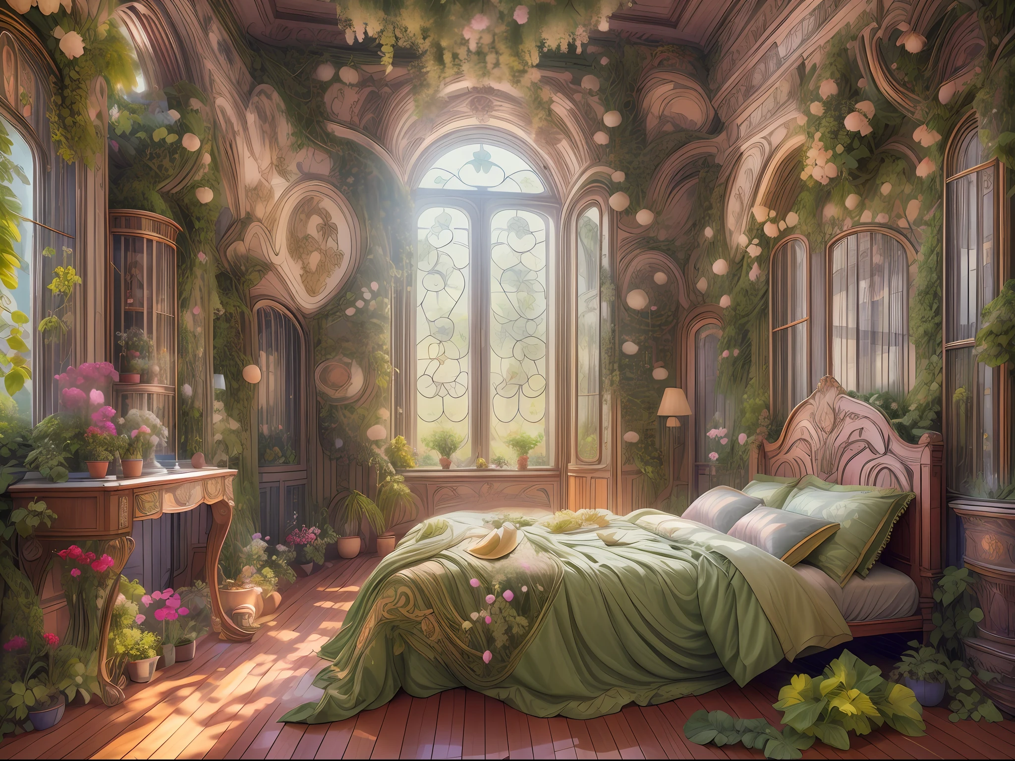 Solarpunk Dreamscape: The Royal Botanical Sanctuary | Generate an ornate botanical bedroom in the style of Versailles in a solarpunk world. There is a giant historical window in the bedroom. The giant French historical window is adorned with intricate carvings and dominates one wall. Through the massive window, a colorful and intricate solarpunk cityscape is visible. The cityscape is bustling and interesting, with many small details and high visual interest. The bedroom is peaceful, with many elegant flowers and flowered ivy among the rich silk fabric and hardwood floor. Take inspiration from rooftop gardens, royal french gardens, beautiful rose gardens, and whimsical fantasy. Include beautiful fantasy details and touches, including fantasy water, books, 3D touches, and delicate tendrils of ivy. Camera: Utilize innovative lighting techniques to emphasize the realism and beauty of the image. Delicate flower petals from floating flowers dance through the air. Utilize dynamic composition to create a compelling image.