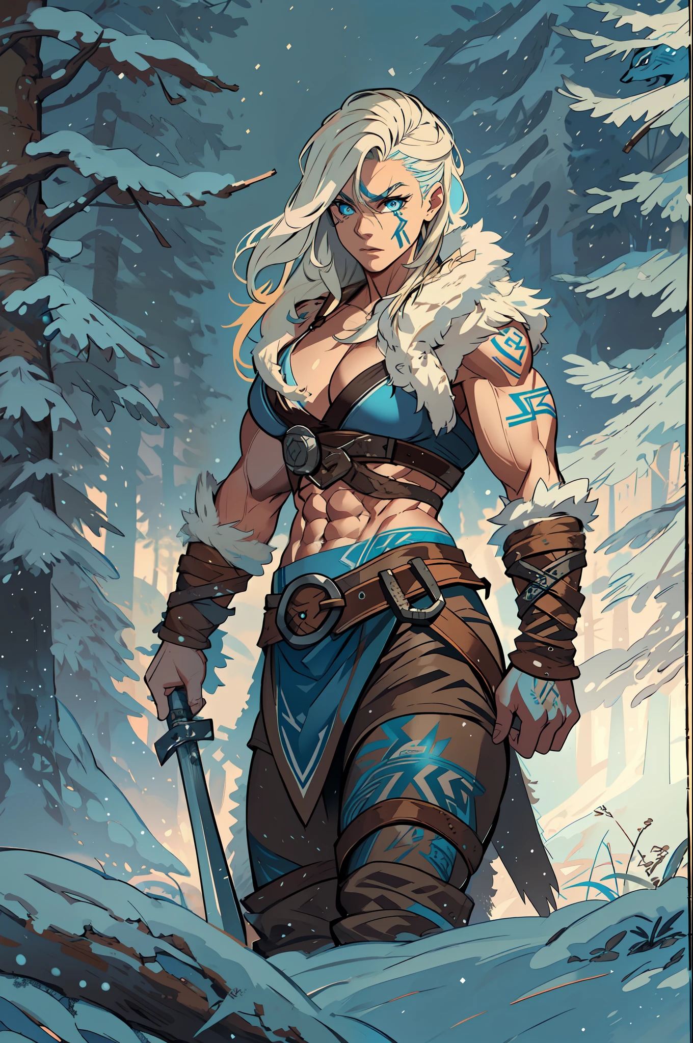 Female viking, (young:1.2), (muscular:1.2), fit, wearing brown furs and hides, (blue norse tattoos:1.2), blue eyes, platinum blonde hair. Setting is a Scandinavian forest in winter, bare arms, exposed naval, (abs:1.2). Highly detailed, norse, berserker, arm muscles, leg muscles, bulky, leather straps