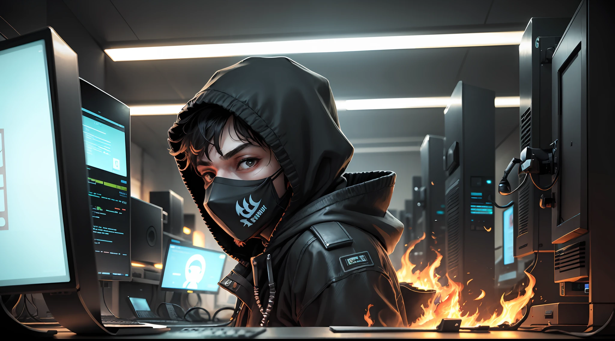 hacker face with a mask on his face dressed in black in the frenzy of the compudador and behind him a lighting of fire