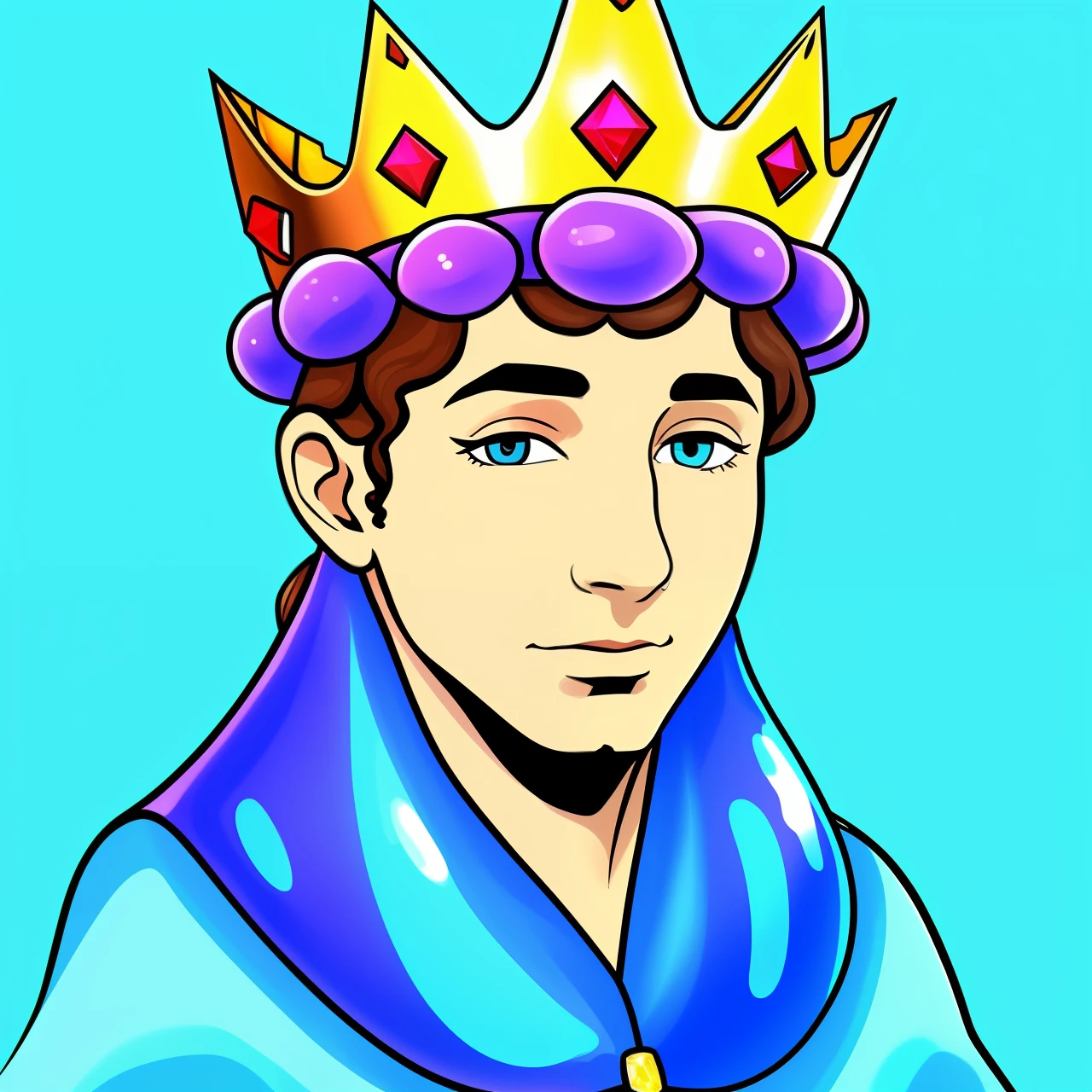 A blue slime,On his head is a crown,In the center of the crown is a red hexagonal gemstone,Q version style
