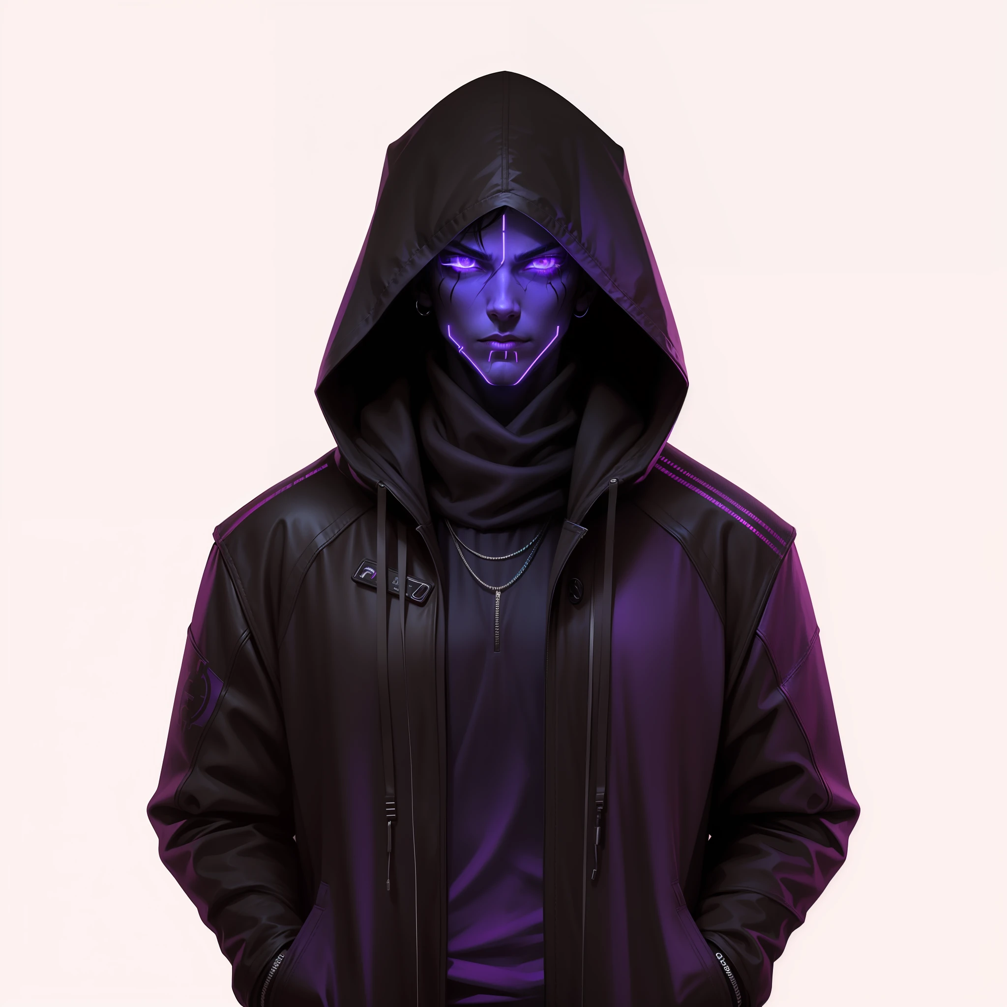 male character, hooded, cyberpunk style, and eyes neon, Black with purple neon.