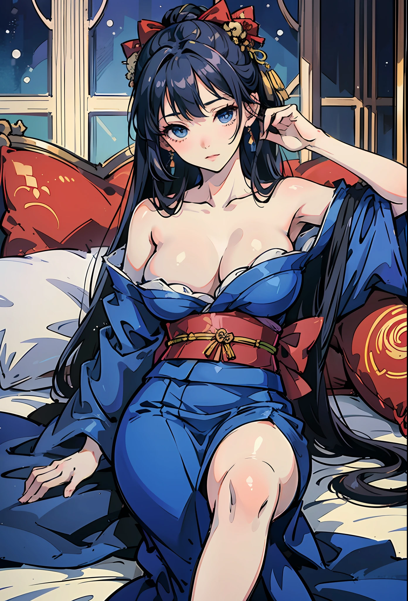 Arafe woman in blue kimono lying on pillow, in a kimono, flowing hair and long robes, Anime girl cosplay, wearing a long flowing robe, goddess of Japan, Realistic Young Gravure Idol, Seductive Anime Girl, wearing blue robe, in a kimono, wearing blue robe, beautiful alluring anime teen, beautiful alluring anime woman, charming anime girls --auto