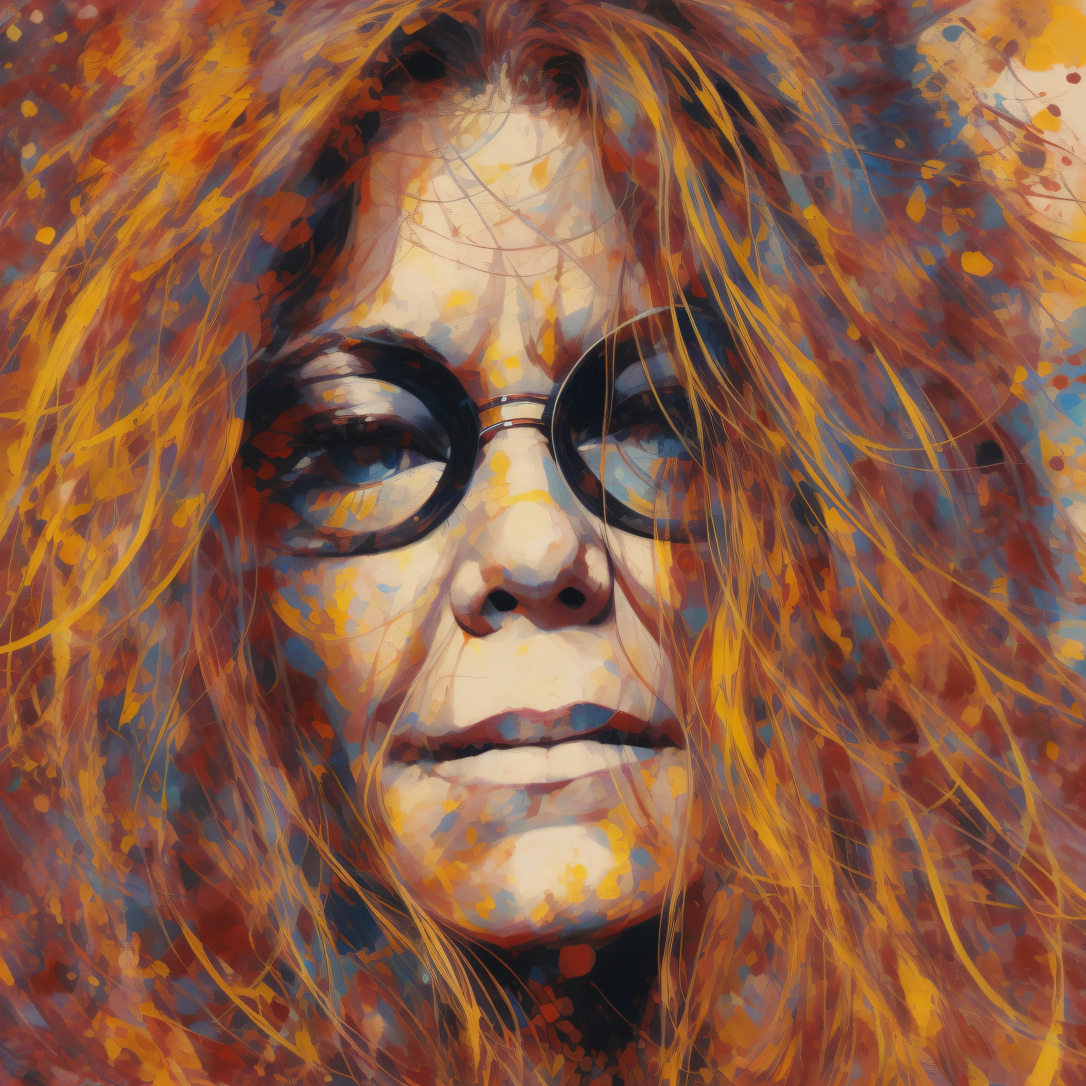 Desenvolva um retrato abstrato de Janis Joplin, o poderoso cantor de rock dos anos 60. Use pinceladas expressivas, cores intensas, and dynamic ways to represent the energy and passion Janis conveyed in her performances. Create an image that captures the soul and essence of the legendary singer.