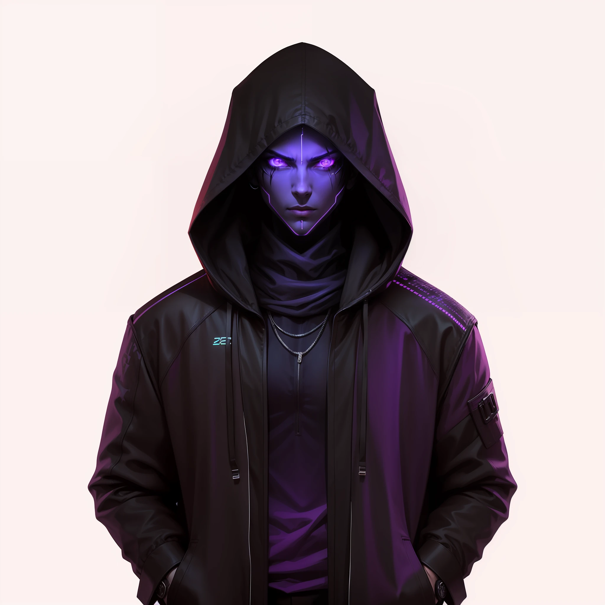 male character, hooded, cyberpunk style, and eyes neon, Black with purple neon.