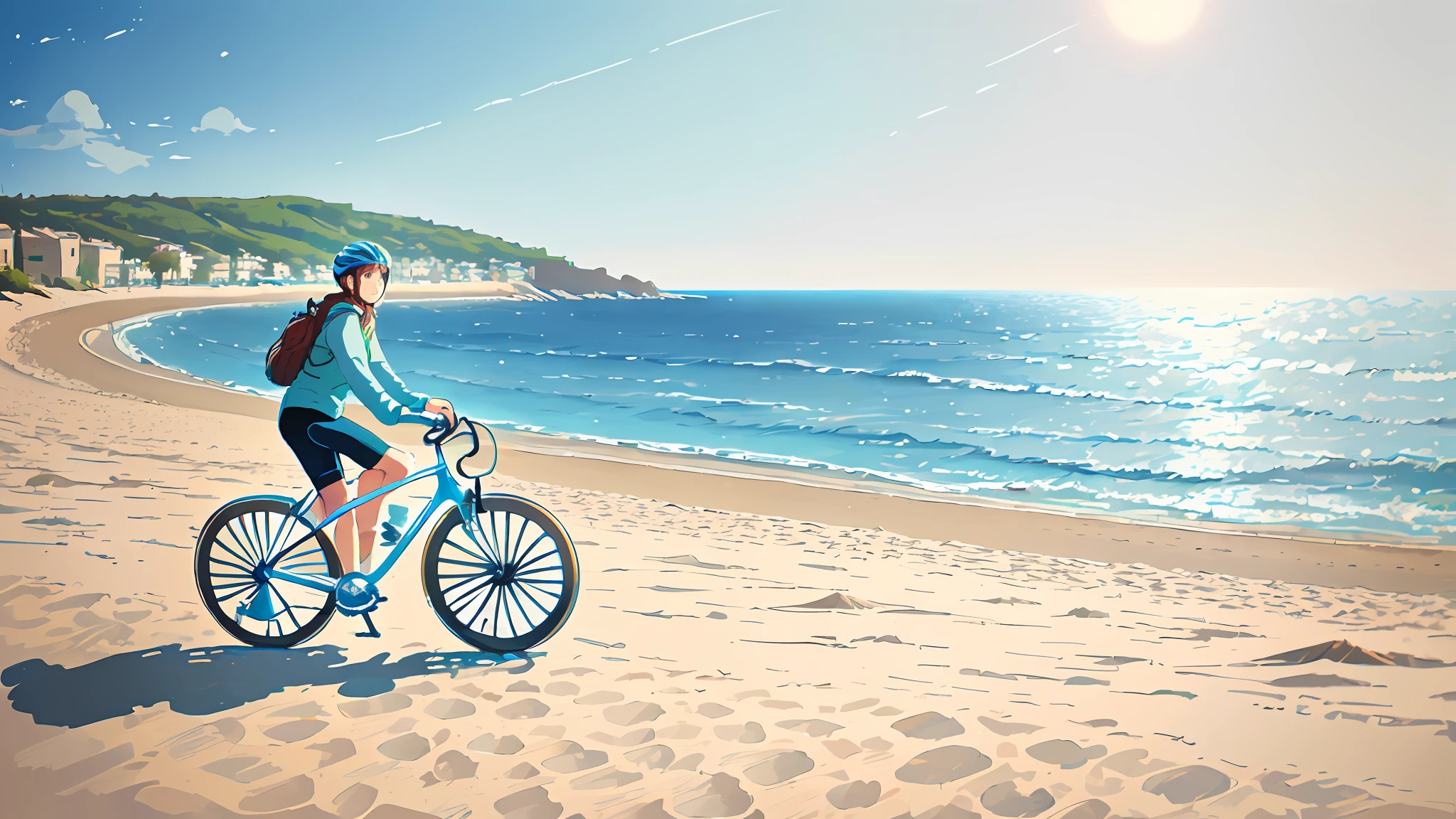 (bicycle:1.5), (Realistic bike: 1.5), (realistic cyclist: 1.5), plan close-up, maroc, souss, plage mer, sable, soleil, Landscaped background, ombres, contraste, makoto shinkai (beste-Qualit:1.3), (Highres:1) Art par Studio Ghibli Style, Impressionnisme, Couleurs vibrantes