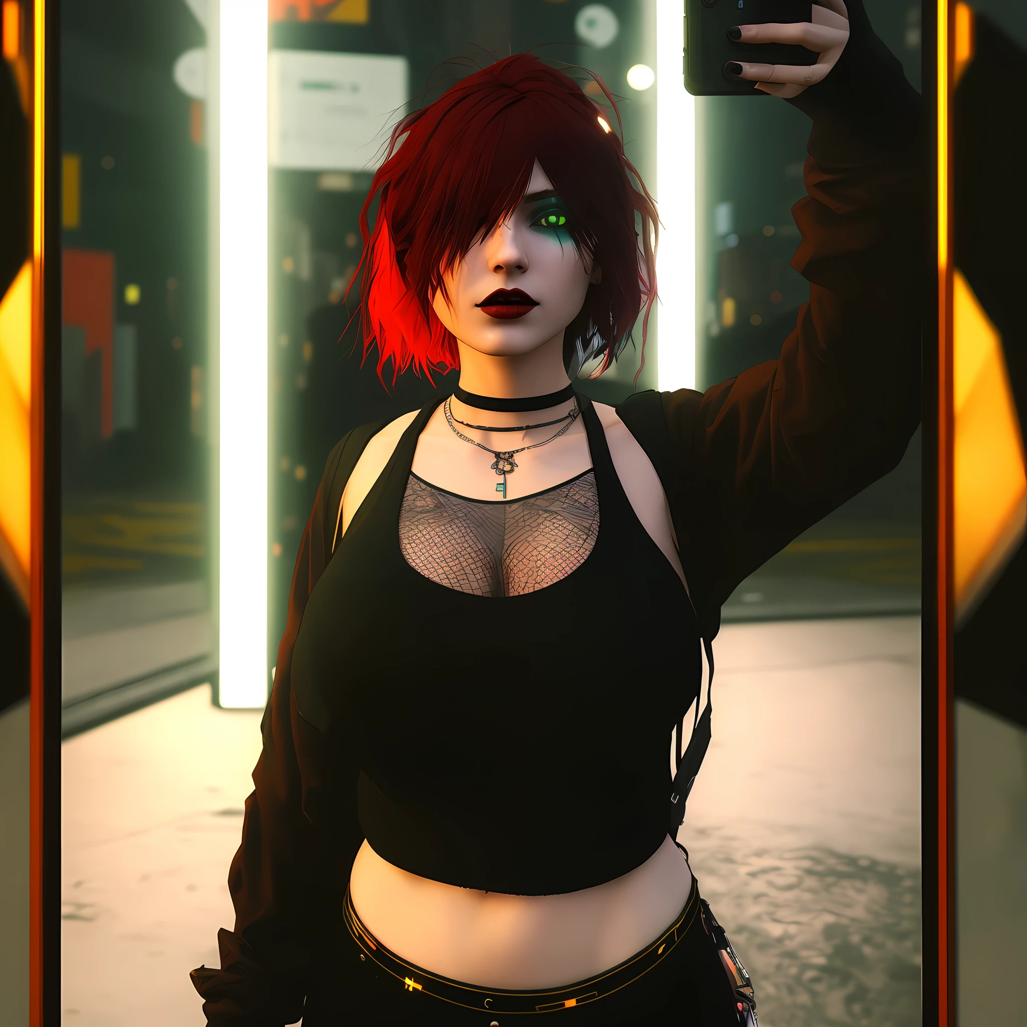 There's a woman with red hair taking a selfie, mall goth, vibe cyberpunk, in a cyberpunk setting, estilo cyberpunk hiper-realista, em cyberpunk city, roupa cyberpunk, em uma cidade cyberpunk, olhar cyberpunk, menina cyberpunk sonhadora, roupa estilo cyberpunk, Cyberpunk 2 0 e. o modelo menina, cyberpunk vibes, na empresa cyberpunk city, em cyber punk 2077