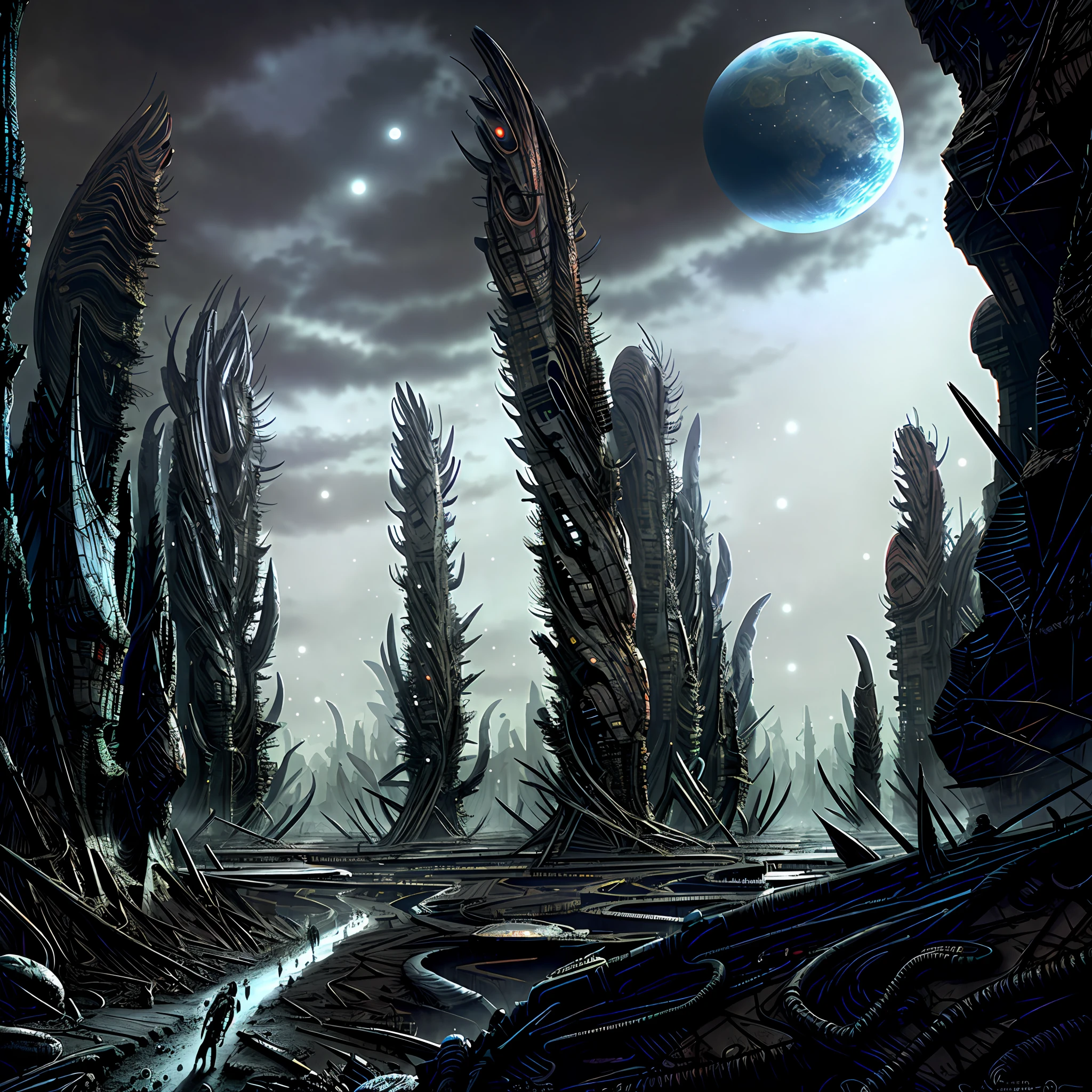 A bustling city on an alien planet, ar 16:9, 8k, HDR, Beksinski, Giger