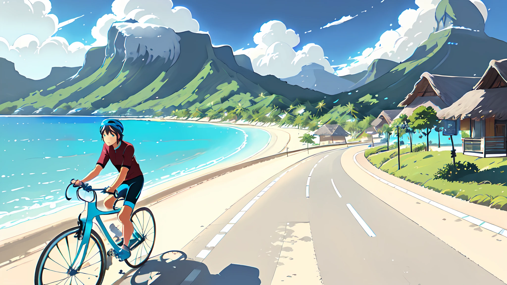 (bicycle:1.5), (Realistic bike: 1.5), (realistic cyclist: 1.5), plan close-up, bora bora, polynesie, plage mer, sable, soleil, Landscaped background, ombres, contraste, makoto shinkai (beste-Qualit:1.3), (Highres:1) Art par Studio Ghibli Style, Impressionnisme, Couleurs vibrantes