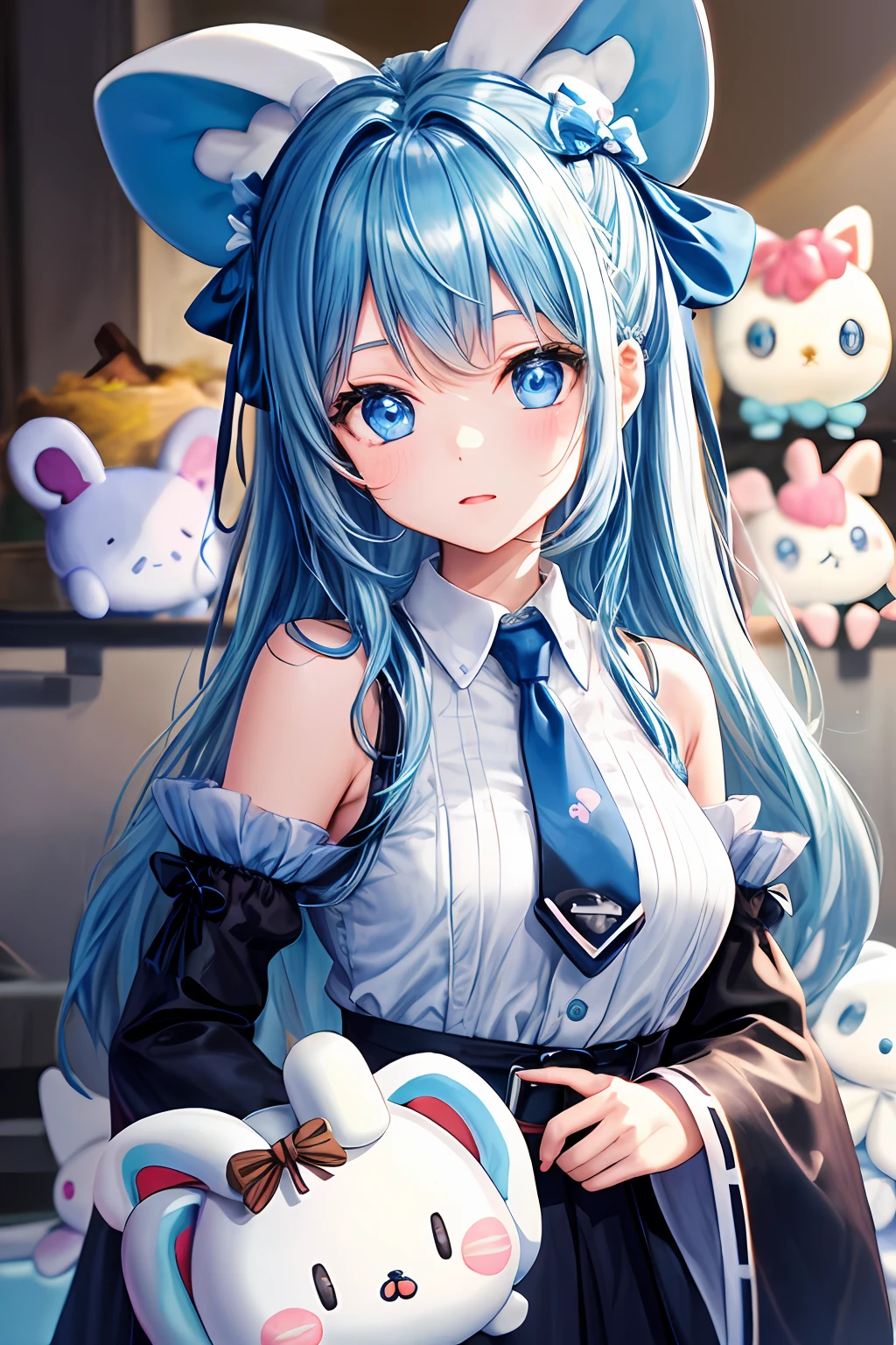 1girl, solo, Cinnamiku, blue hair, blue eyes, hair rings, hair bow, blue bow, (cinnamoroll, tied ears, sanrio, 1other, creature:1.2) black sleeves, bare shoulders, blue necktie, wide sleeves, collared shirt, detached sleeves, necktie, blue necktie, kawaii,