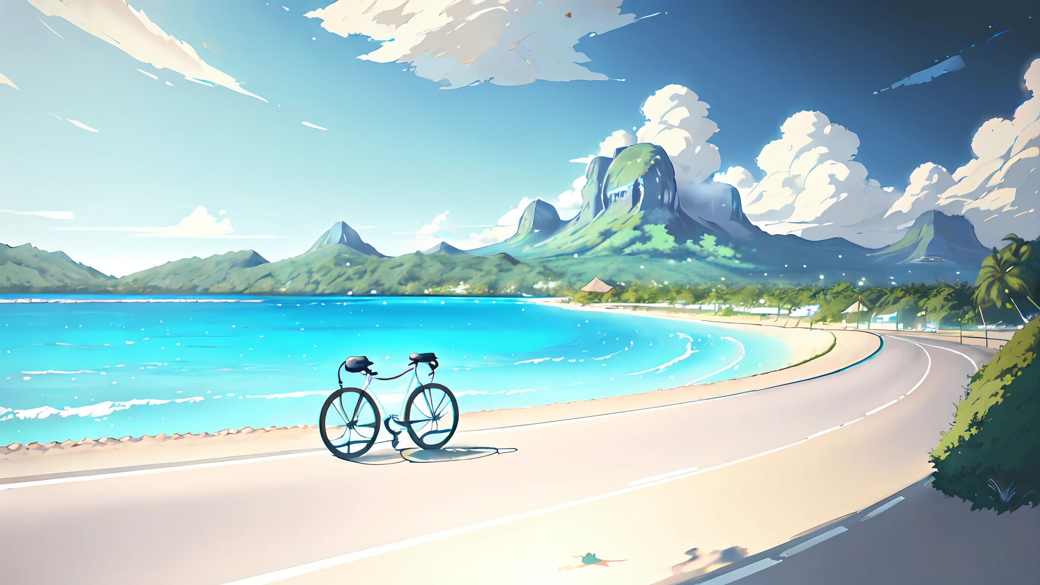 (bicycle:1.5), (Realistic bike: 1.5), (realistic cyclist: 1.5), plan close-up, bora bora, polynesie, plage mer, sable, soleil, Landscaped background, ombres, contraste, makoto shinkai (beste-Qualit:1.3), (Highres:1) Art par Studio Ghibli Style, Impressionnisme, Couleurs vibrantes