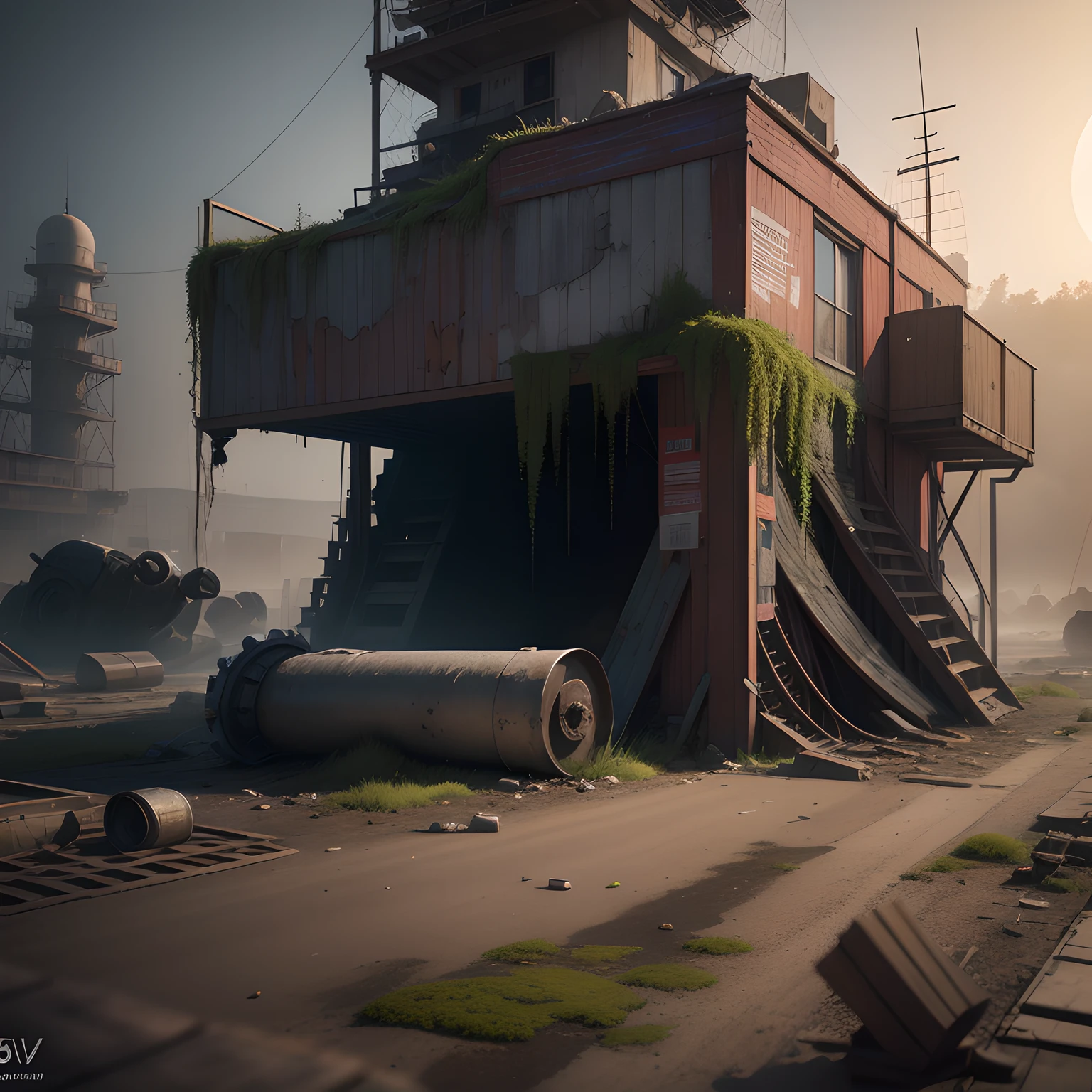 3d rendering of a seaport, huge rusty liners, dramatic color rendering, moss, abandoned, broken, old, accurate color rendering, rvb, Sony A7 III, Sigma Art 85 mm f/1.4 DG HSM, perfect, underground scattering, unreal engine, dusty sunlight, dystopian world