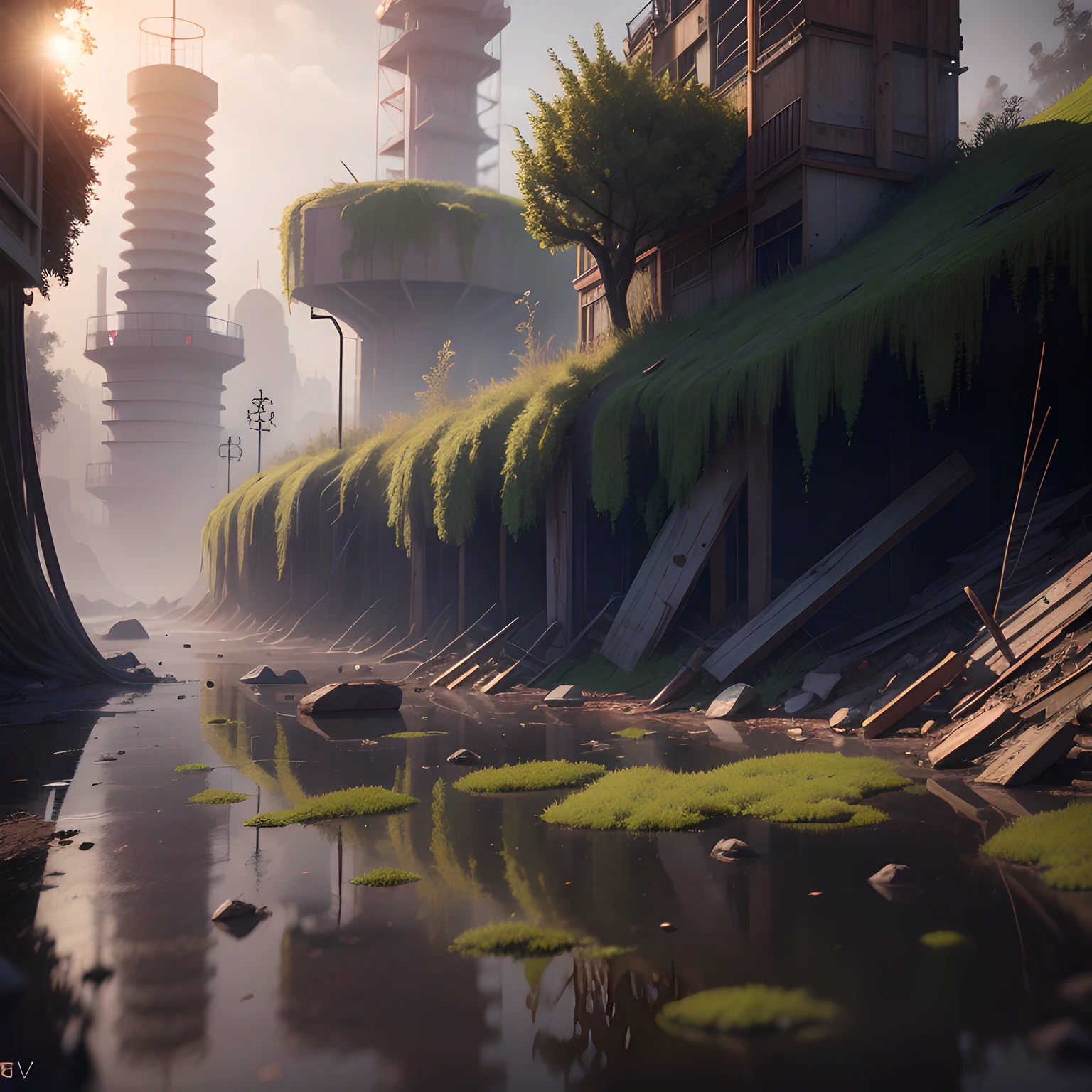 3d rendering of a seaport, huge rusty liners, dramatic color rendering, moss, abandoned, broken, old, accurate color rendering, rvb, Sony A7 III, Sigma Art 85 mm f/1.4 DG HSM, perfect, underground scattering, unreal engine, dusty sunlight, dystopian world
