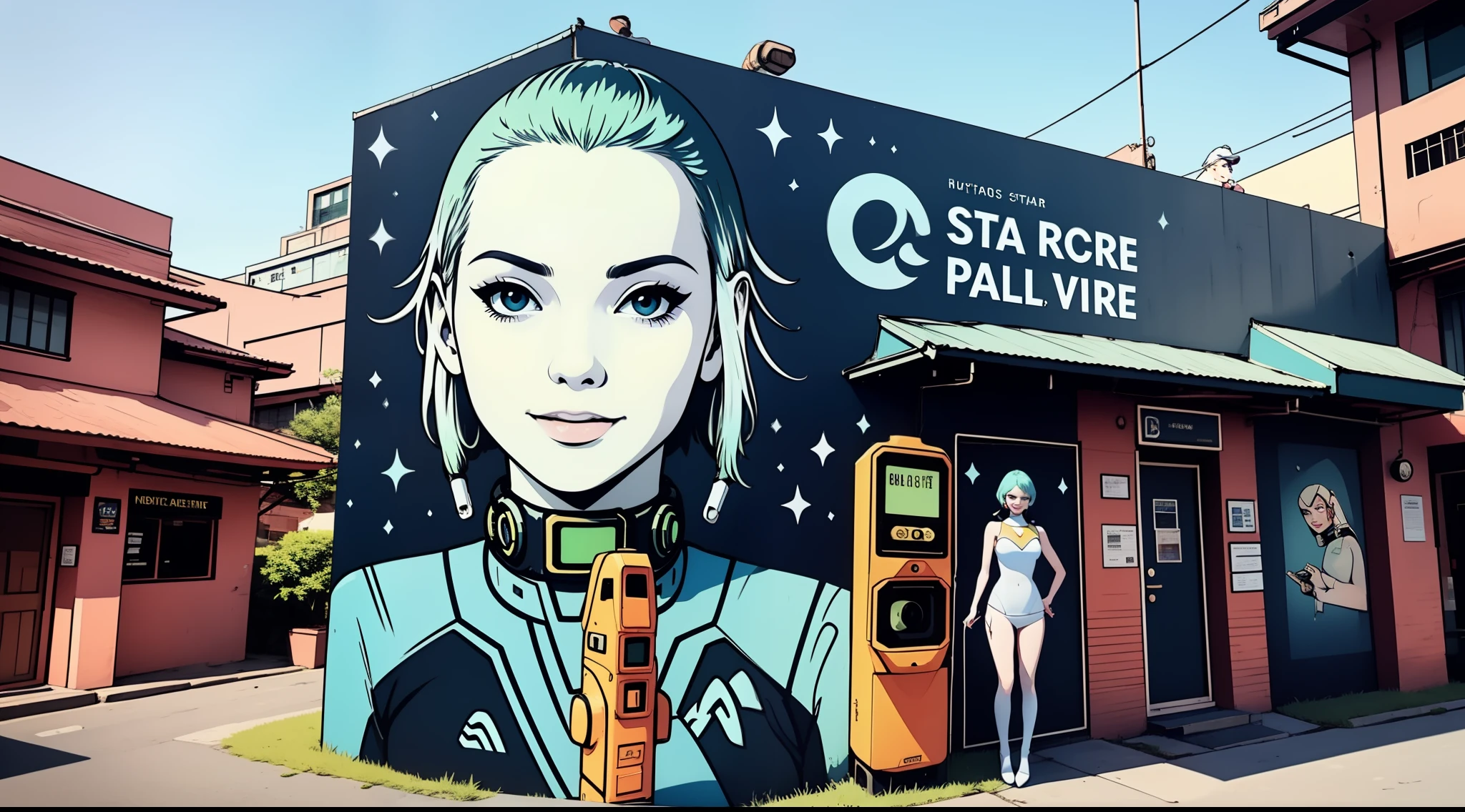 A stunning street art mural of a (solo girl) in a (sexy Star Trek uniform), posing with a smile and a tricorder in front of the quaint buildings of Petaling Jaya’s historic district. The mural is painted with hyperrealistic details and a warm vintage filter, creating a contrast between the futuristic sci-fi theme and the nostalgic atmosphere of the old town.