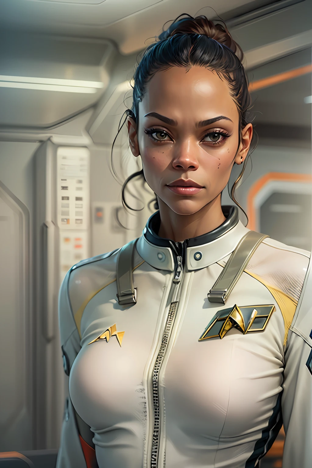 ((Zoe Saldana looks dreamy)), ((she has round breasts)), ((Startrek)), (ds9st uniform), ((Uniform-Jacke)), ((white hot pants)), (sie steht in ihrer Kabine auf der Enterprise), (kleiner Kopf), ((detailliertes Gesicht)), Weiches filmisches Licht, ((((Kino-Look)))), (fotorealistisch), (Raytracing), (scharfer Fokus), ((natural realistic skin texture)), detailliertes Gesicht, detaillierte Lippen, detaillierte Augen, doppeltes Augenlid, ((eine Frau)), ((ein Bild)), ((full Body)) --auto