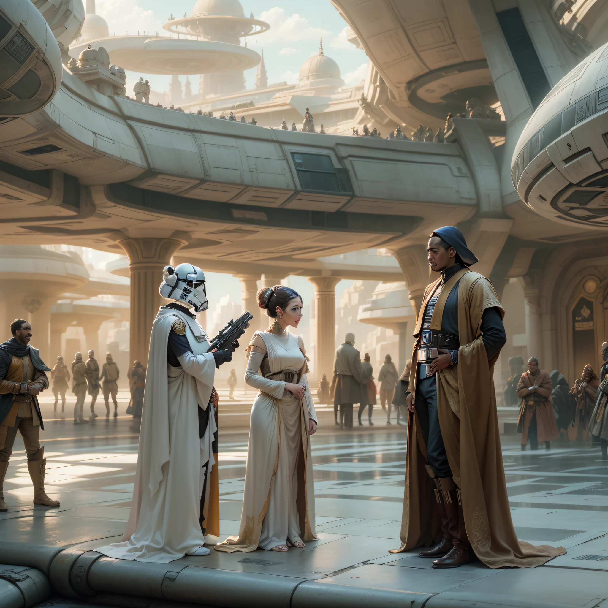 ja jar binks y la princesa leia en los majestuosos y amplios aposentos reales con gran cantidad de detalles tecnologicos y con gran terraza con gran ventanal desde donde se divisa la ciudad de coruscant con sus enormes edificios con arquitectura star wars.