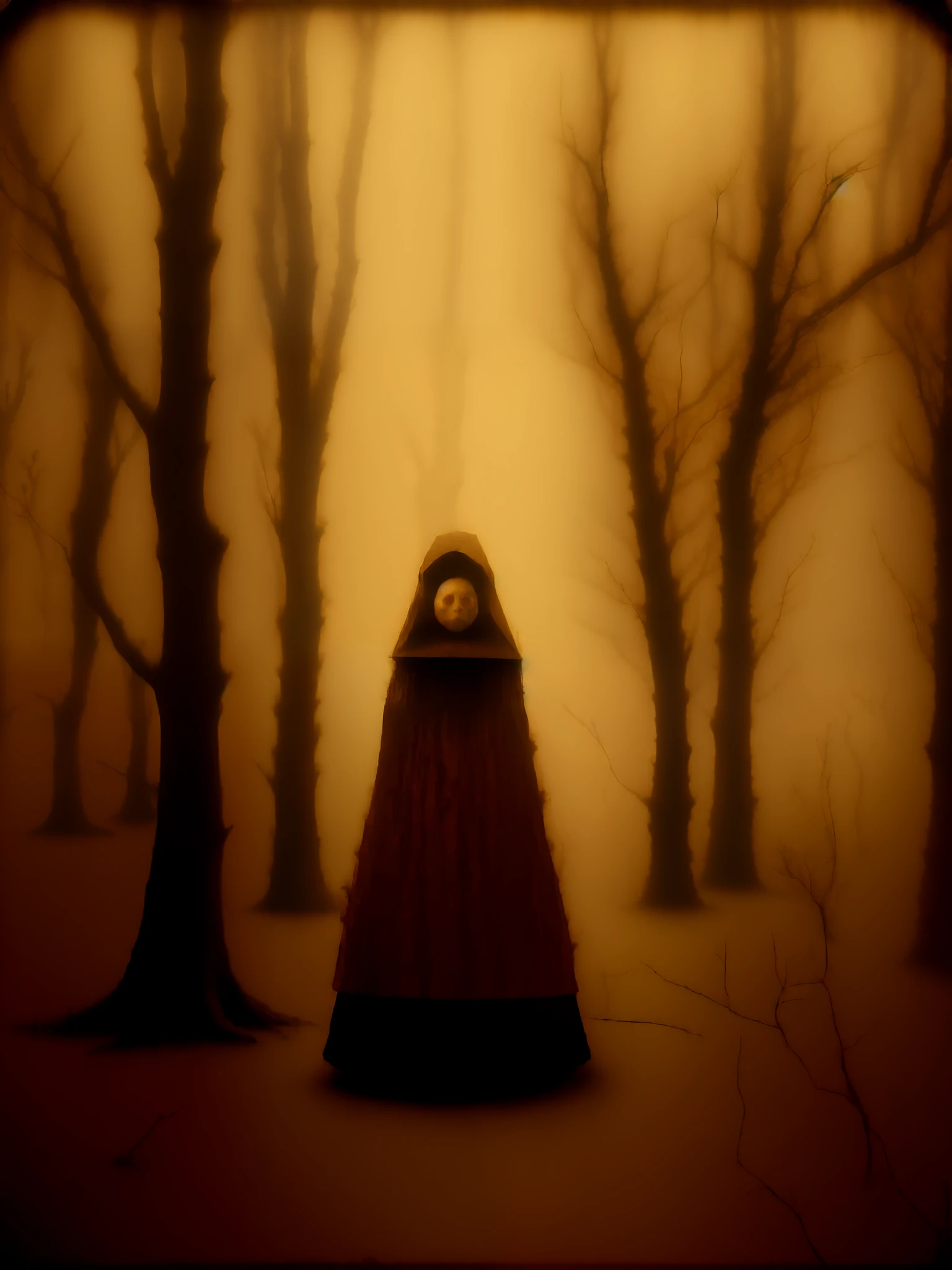 vintage photography, Albumen print, Night photography, It's completely at night, chiaroscuro, hyperrealistic, a group of creepy hooded ghosts on a path in a dark forest, with oil lamps in your hand, walk in line, that walk in a row, their faces cannot be seen, they float above the ground, there is fog in the environment and it does not look good, medieval inspiration, dramatic and gloomy, 8K