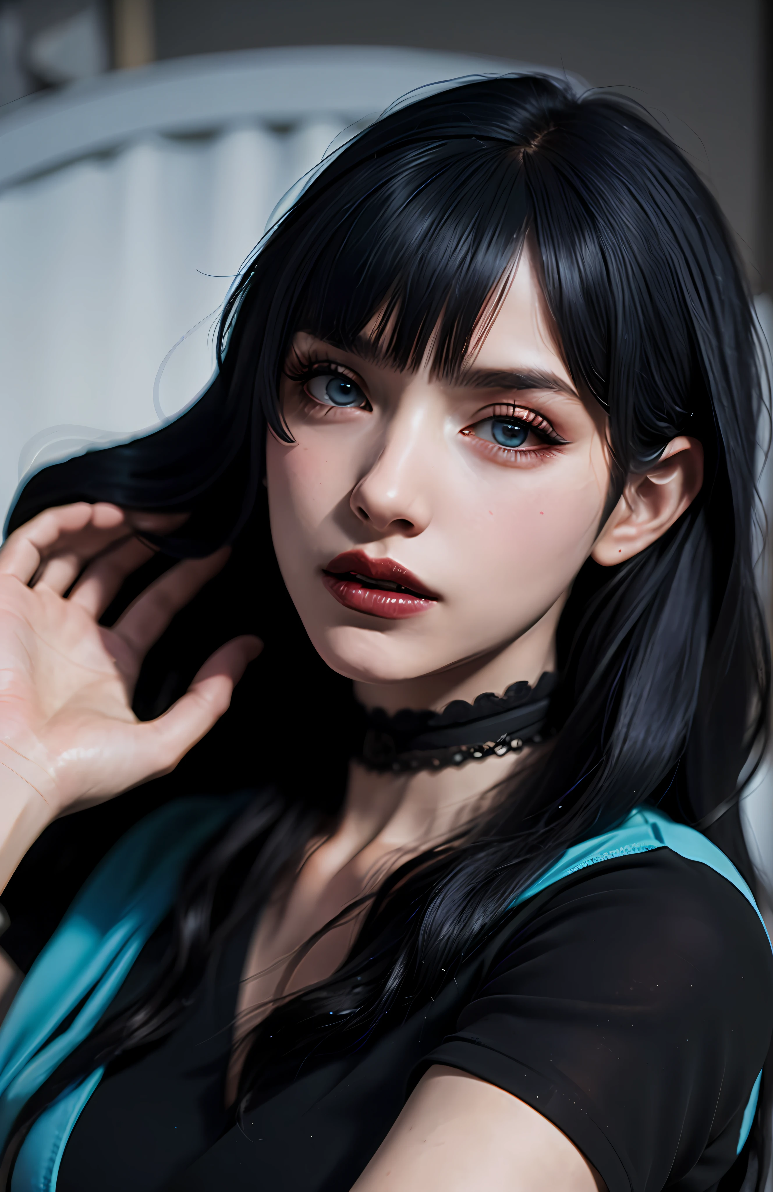 there is a woman with long black hair and a choke on her neck, anime girl in real life, captured on canon eos r 6, anime style mixed with fujifilm, sui ishida with black hair, stunning anime face portrait, 1 7 - year - old anime goth girl, anime girl cosplay, seductive tifa lockhart portrait, black hair and large eyes