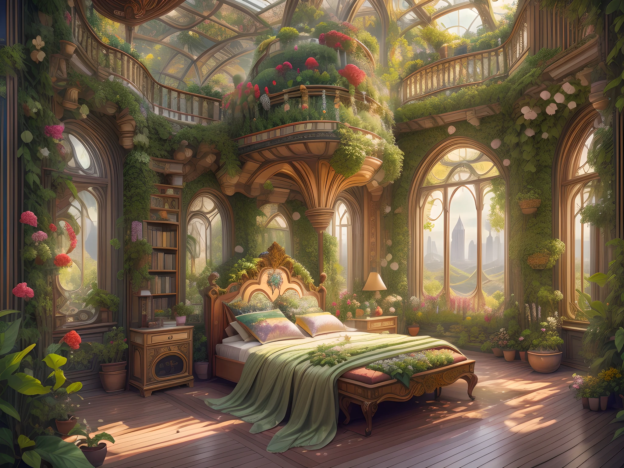 Solarpunk Dreamscape: The Royal Botanical Sanctuary | Generate an ornate botanical bedroom in the style of Versailles in a solarpunk world. There is a giant historical window in the bedroom. The giant French historical window is adorned with intricate carvings and dominates one wall. Through the massive window, a colorful and intricate solarpunk cityscape is visible. The cityscape is bustling and interesting, with many small details and high visual interest. The bedroom is peaceful, with many elegant flowers and flowered ivy among the rich silk fabric and hardwood floor. Take inspiration from rooftop gardens, royal french gardens, beautiful rose gardens, and whimsical fantasy. Include beautiful fantasy details and touches, including fantasy water, books, 3D touches, and delicate tendrils of ivy. Camera: Utilize innovative lighting techniques to emphasize the realism and beauty of the image. Delicate flower petals from floating flowers dance through the air. Utilize dynamic composition to create a compelling image.