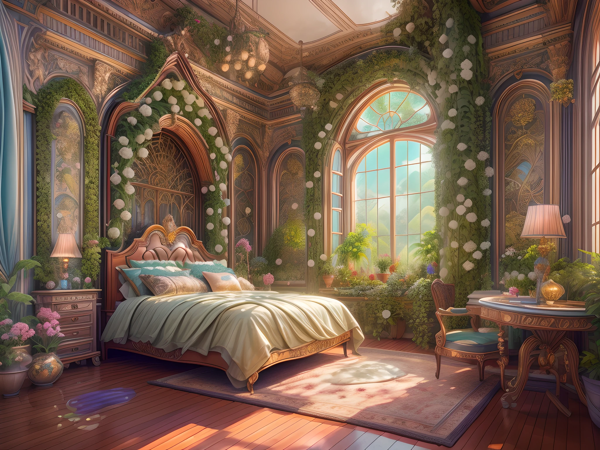 Solarpunk Dreamscape: The Royal Botanical Sanctuary | Generate an ornate botanical bedroom in the style of Versailles in a solarpunk world. There is a giant historical window in the bedroom. The giant French historical window is adorned with intricate carvings and dominates one wall. Through the massive window, a colorful and intricate solarpunk cityscape is visible. The cityscape is bustling and interesting, with many small details and high visual interest. The bedroom is peaceful, with many elegant flowers and flowered ivy among the rich silk fabric and hardwood floor. Take inspiration from rooftop gardens, royal french gardens, beautiful rose gardens, and whimsical fantasy. Include beautiful fantasy details and touches, including fantasy water, books, 3D touches, and delicate tendrils of ivy. Camera: Utilize innovative lighting techniques to emphasize the realism and beauty of the image. Delicate flower petals from floating flowers dance through the air. Utilize dynamic composition to create a compelling image.