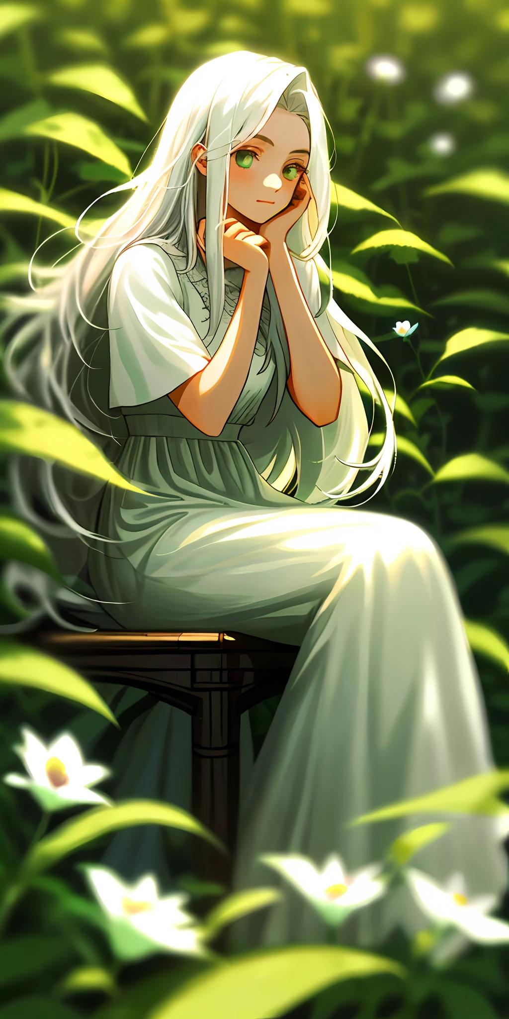 (masterpiece, best quality),1girl with long white hair sitting in a field of green plants and flowers, her hand under her chin, warm lighting, white dress, blurry foreground