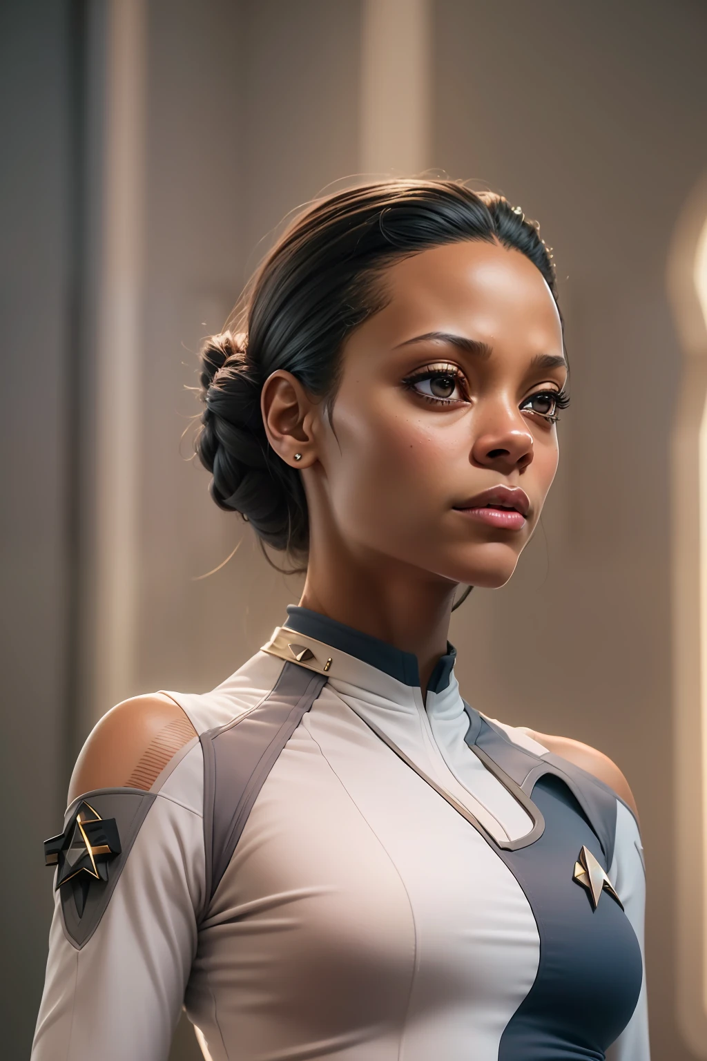 ((young Zoe Saldana looks dreamy)), ((she has round breasts)), ((Startrek)), (ds9st uniform), ((Uniform-Hose)), ((white tank top)), (sie steht in ihrer Kabine auf der Enterprise), (kleiner Kopf), ((detailliertes Gesicht)), Weiches filmisches Licht, ((((Kino-Look)))), (fotorealistisch), (Raytracing), (scharfer Fokus), ((natural realistic skin texture)), detailliertes Gesicht, detaillierte Lippen, detaillierte Augen, doppeltes Augenlid, ((eine Frau)), ((ein Bild)), ((full Body))