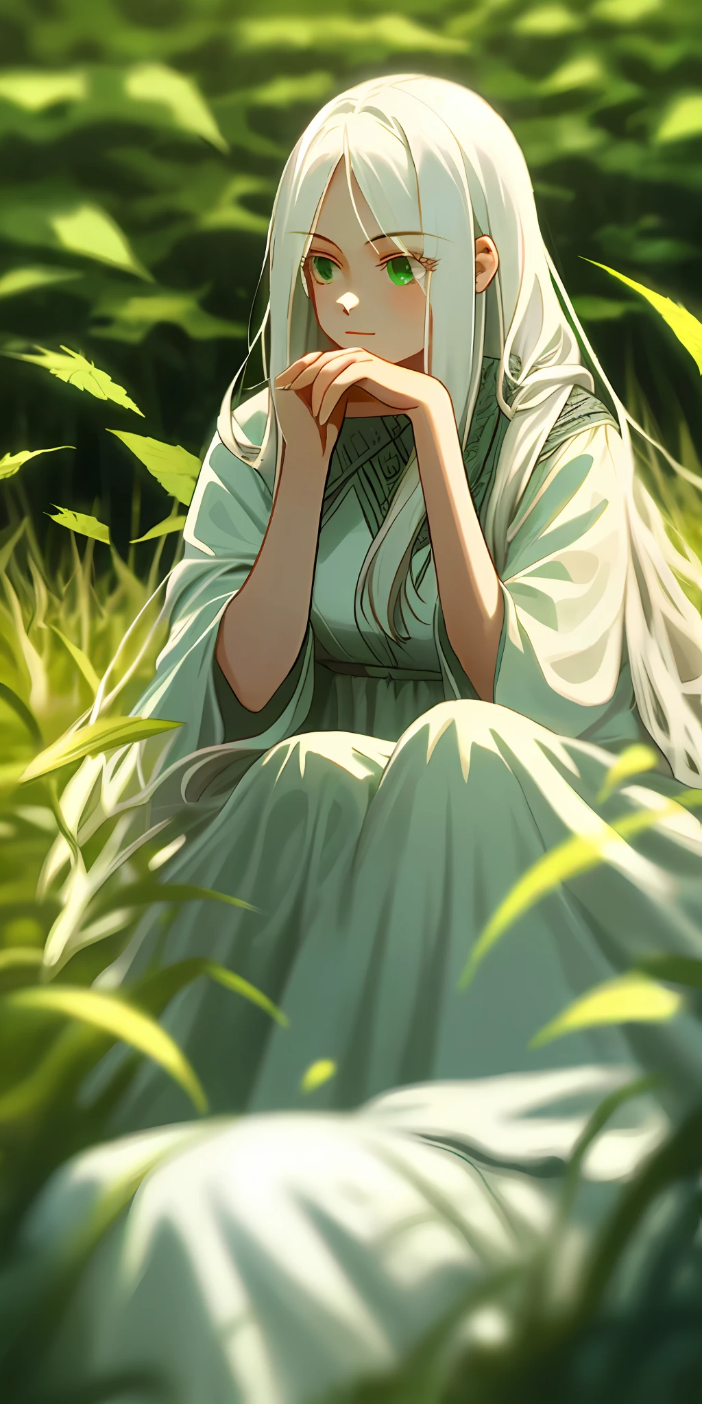 (masterpiece, best quality),1girl with long white hair sitting in a field of green plants and flowers, her hand under her chin, warm lighting, white dress, blurry foreground