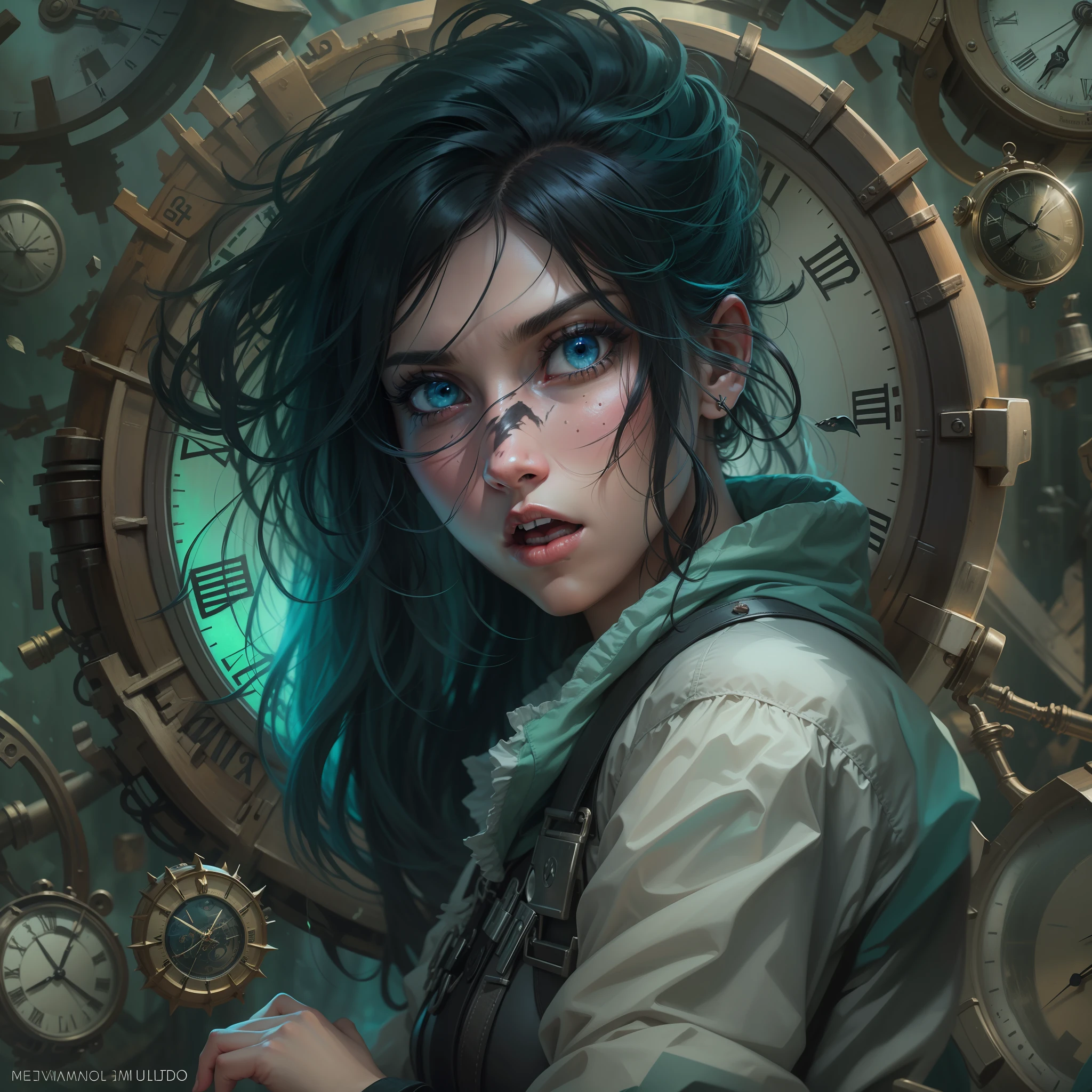 Retrato hiper-realista de uma mulher (poderosa) chronomancy, com cabelos pretos (black hair) lisos, Rosto detalhado com cicatriz no lado esquerdo (scared expression), com olhos azuis arregalados (blue eyes), Reflections of clocks in the eyes, wearing dirty and detailed post-apocalyptic clothes, against the background of clocks, envolvida em energia verde (green magic), campo de profundidade, ultra hd, personagem rpg, melhor qualidade, ultra hd, melhor qualidade, detalhado