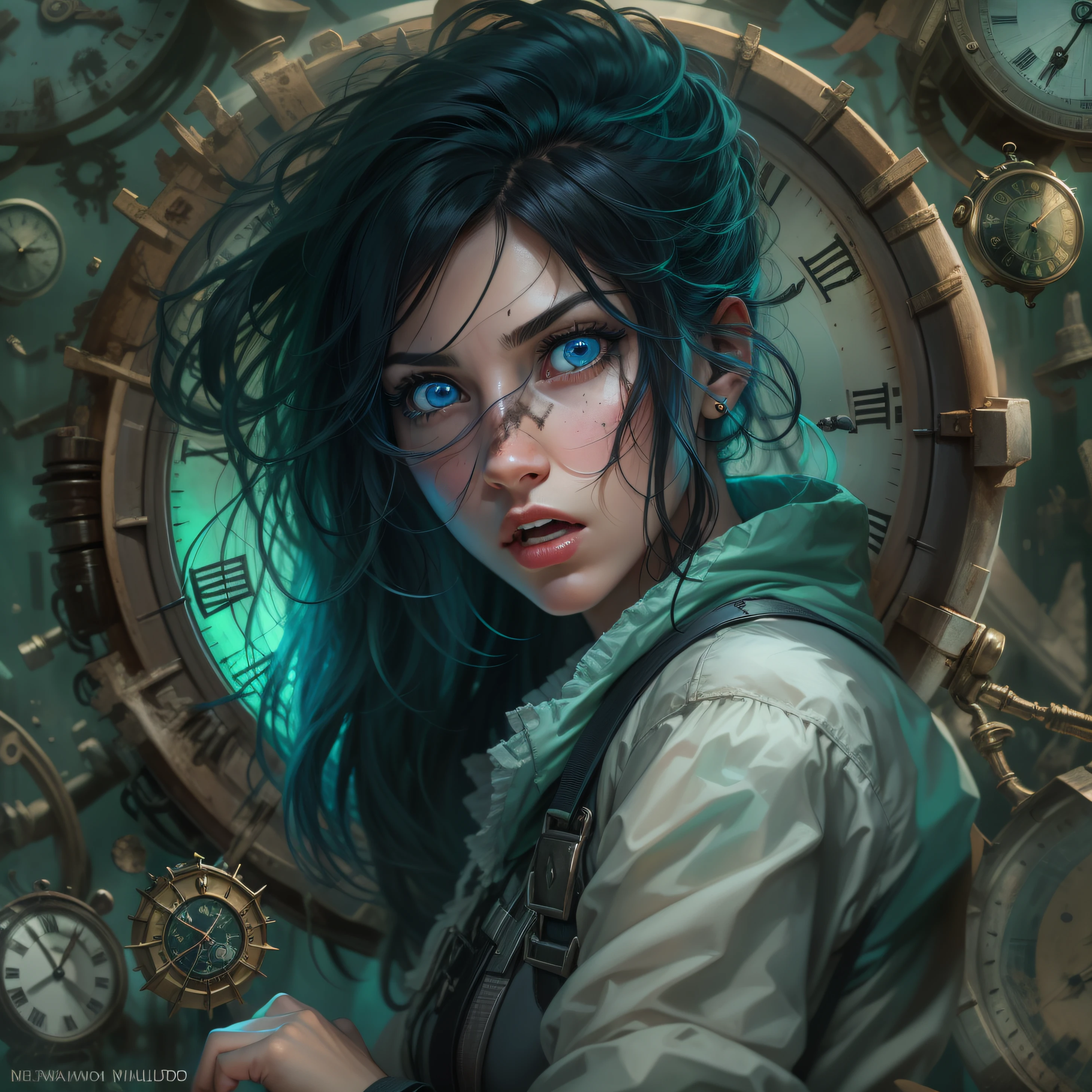 Retrato hiper-realista de uma mulher (poderosa) chronomancy, com cabelos pretos (black hair) lisos, Rosto detalhado com cicatriz no lado esquerdo (scared expression), com olhos azuis arregalados (blue eyes), Reflections of clocks in the eyes, wearing dirty and detailed post-apocalyptic clothes, against the background of clocks, envolvida em energia verde (green magic), campo de profundidade, ultra hd, personagem rpg, melhor qualidade, ultra hd, melhor qualidade, detalhado