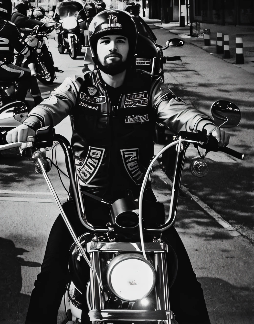 There's a man riding a motorcycle in a parking lot, imagem de um motociclista masculino, motociclista, 🚿🗝📝, Directed by: Brian 'Chippy' Dugan, into glory ride, Bam Margera, motociclista, inspirado em Brian 'Chippy' Dugan, olhar, pilotando uma motocicleta, Cavalgando na cidade de Doom, B&w foto