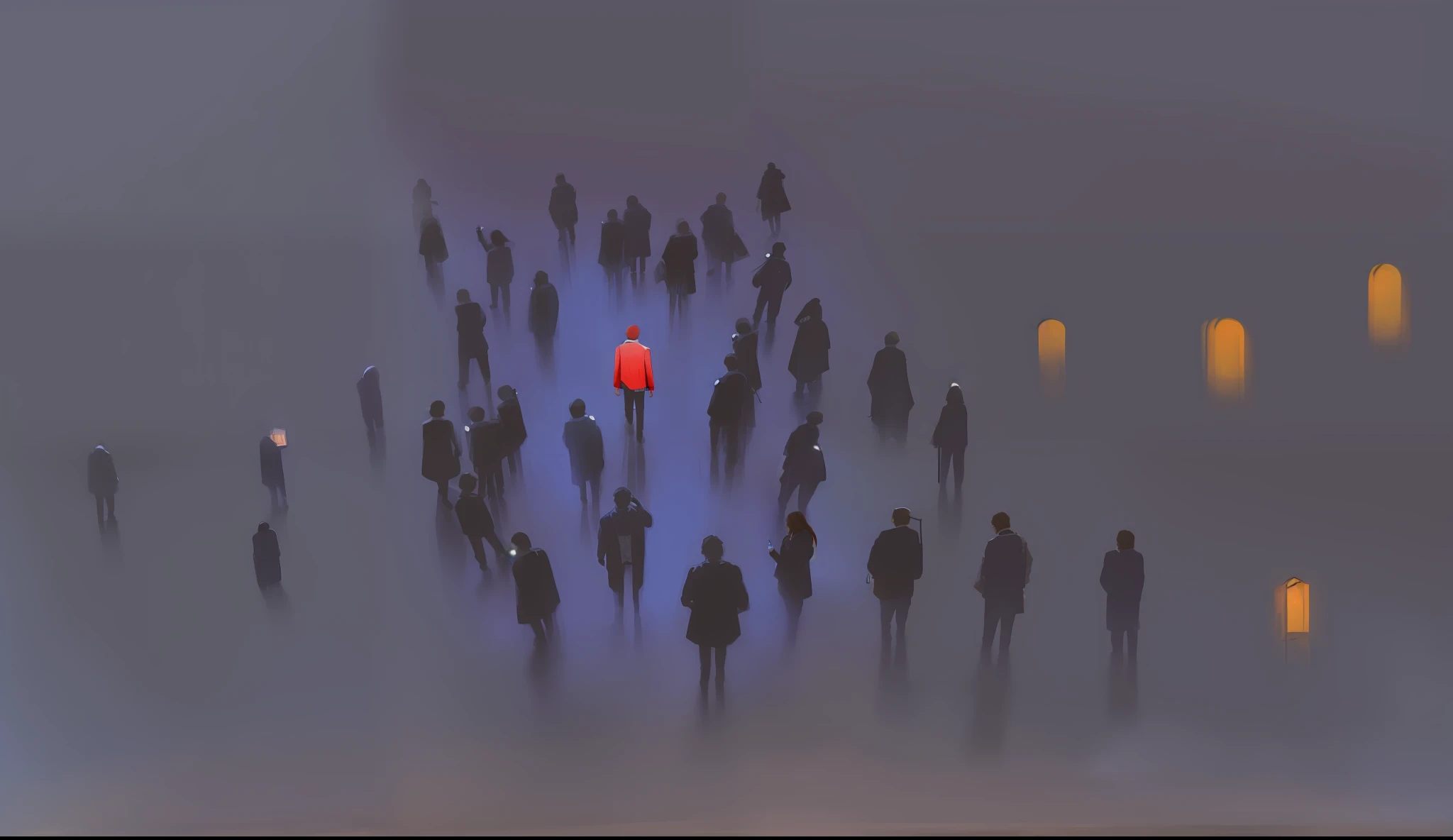 a painting of a person standing in a crowd of people, by Ivan Generalić, O homem se destaca na imagem, Directed by: Alain Tasso, illustration!, Estilo de Dragan Bibin, perdidos no vazio, Dragan Bibin, muitas pessoas, Glen Orbik, inspirado em Jakub Schikaneder, Directed by: Ludwik Konarzewski
