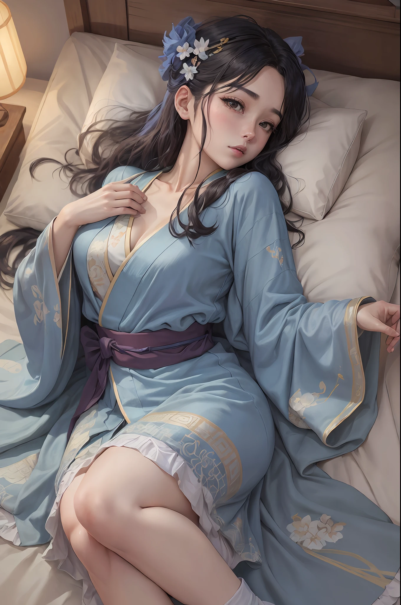 Arafe woman in blue kimono lying on pillow, in a kimono, flowing hair and long robes, Anime girl cosplay, wearing a long flowing robe, goddess of Japan, Realistic Young Gravure Idol, Seductive Anime Girl, wearing blue robe, in a kimono, wearing blue robe, beautiful alluring anime teen, beautiful alluring anime woman, charming anime girls --auto